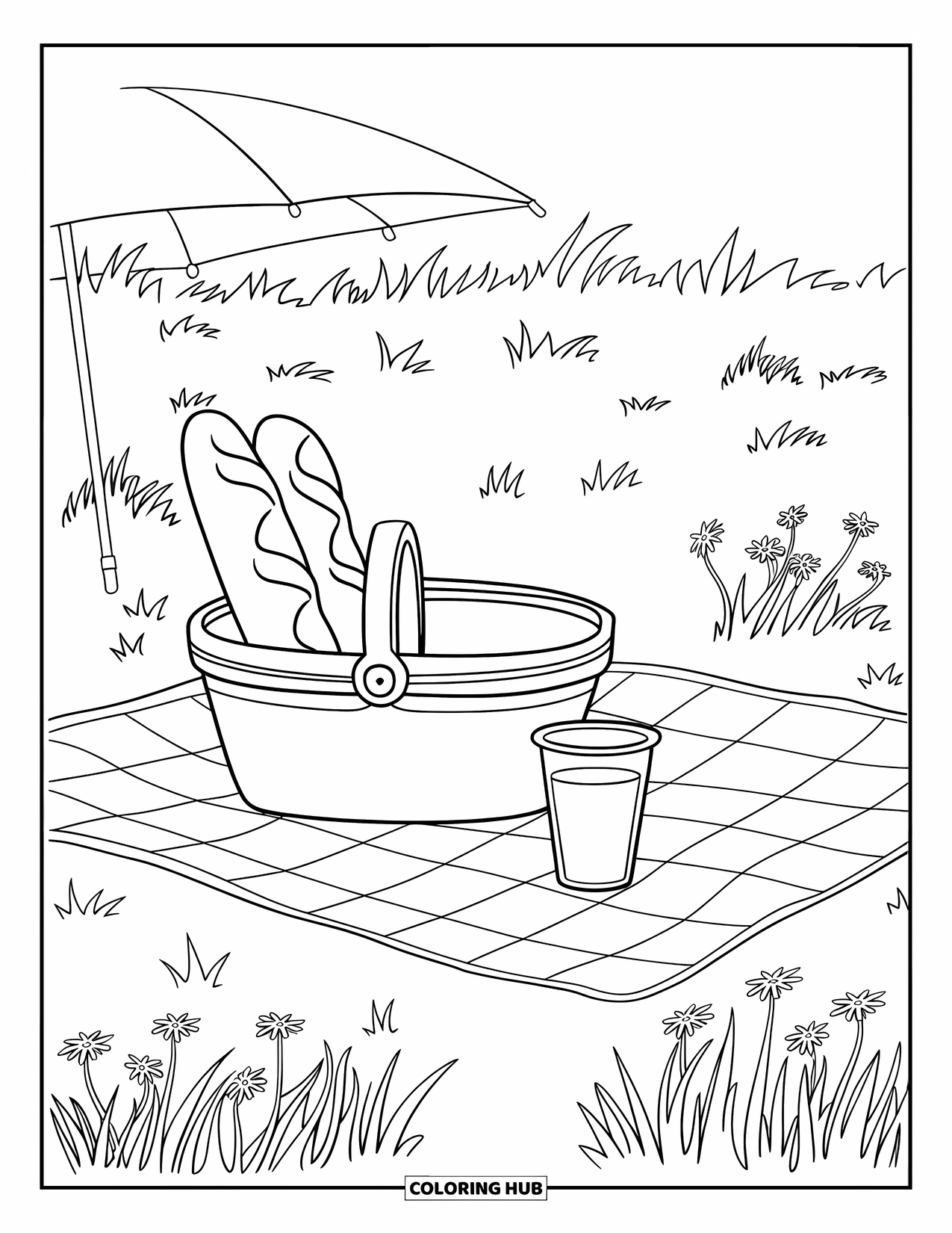 Lente Kleurplaat voor Kinderen: Een vredige picknickscène met een geruite deken, een mand en een kopje sap