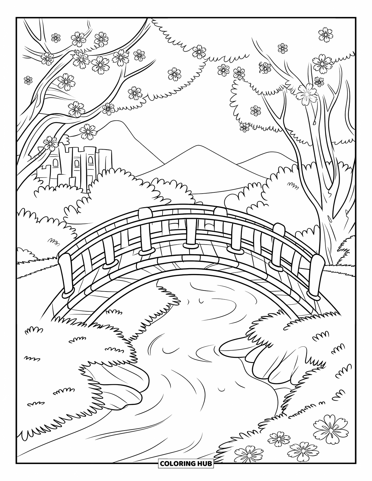 Lente Kleurplaat voor Kinderen: Een vredige houten brug overspant een zachte stroom, omringd door kersenbloesems