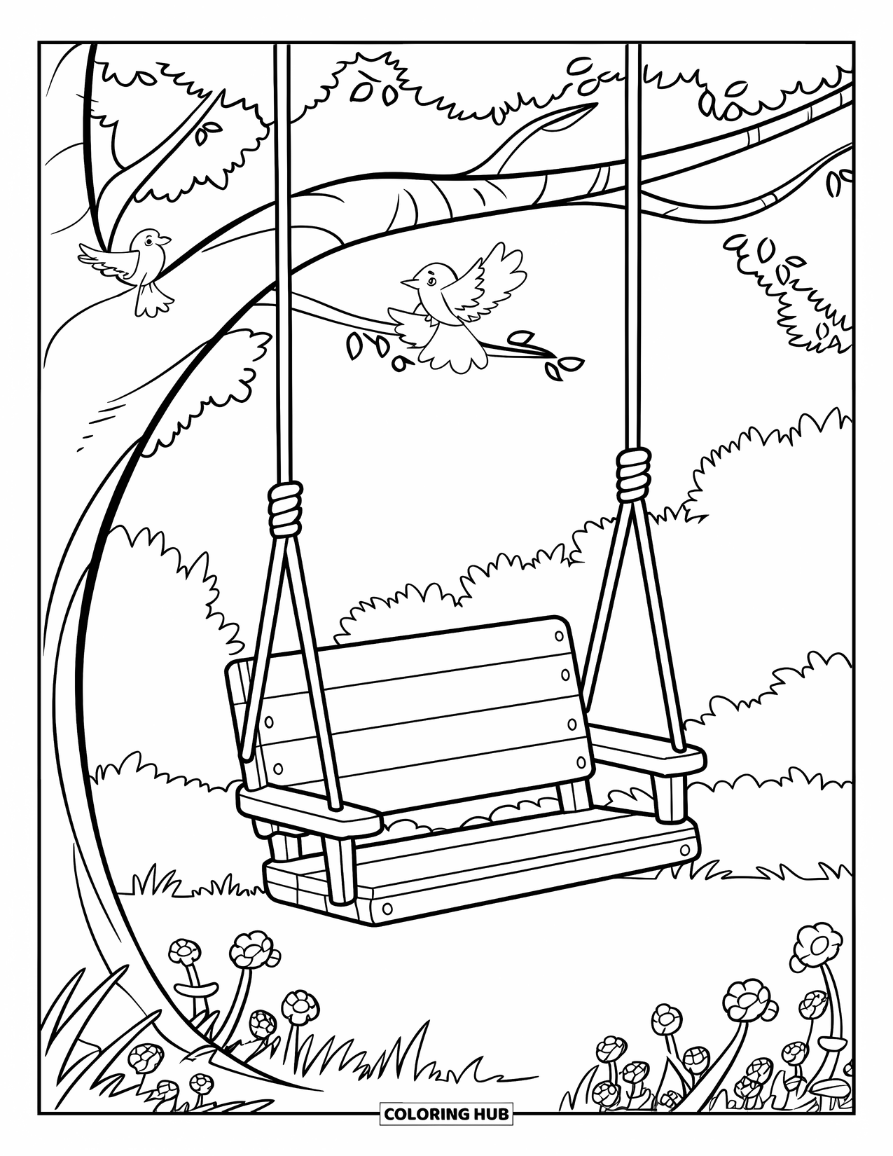 Lente Kleurplaat voor Kinderen: Een vredige houten schommel schommelt onder een torenhoge boom in een weelderig weiland
