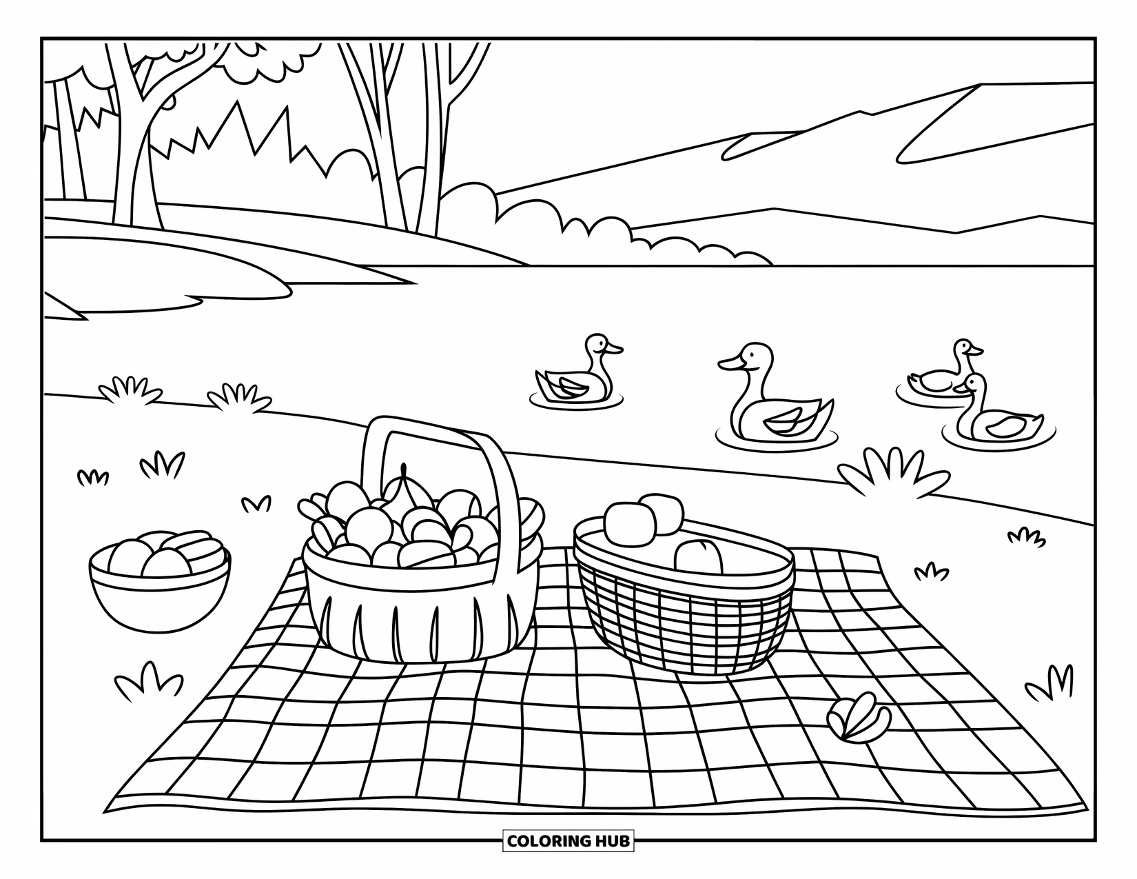 Lente Kleurplaat voor Kinderen: Een picknick bij een meer met een mand met fruit en eenden die in de buurt zwemmen
