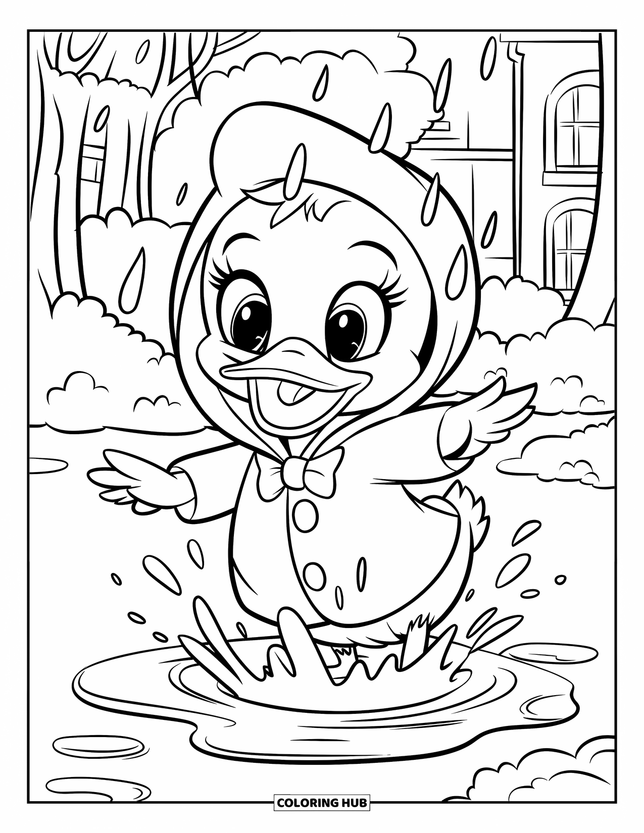 Lente Kleurplaat voor Kinderen: Een speels eendje in een regenjas springt in een plas met vallende regendruppels