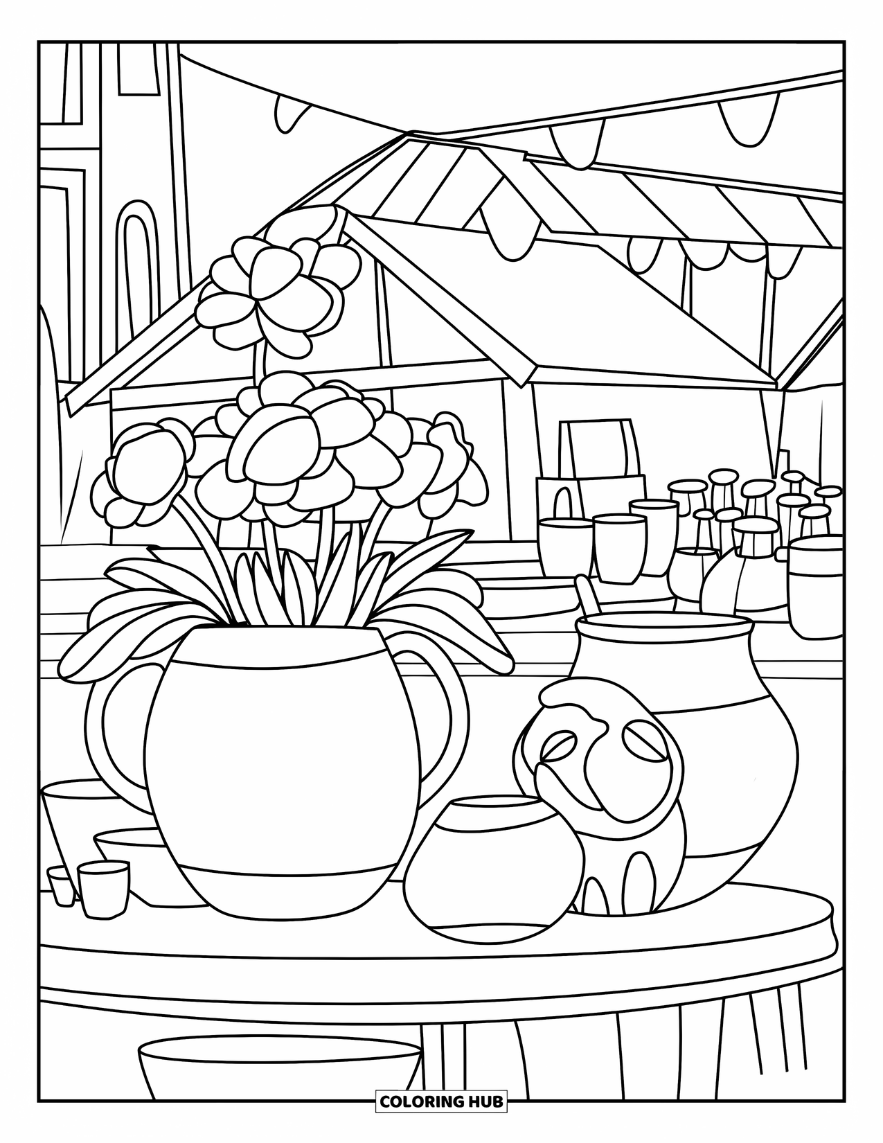 Lente Kleurplaat voor Kinderen: Een aardewerkstand op een lentemarkt toont handgemaakte vazen en beschilderde kleidieren