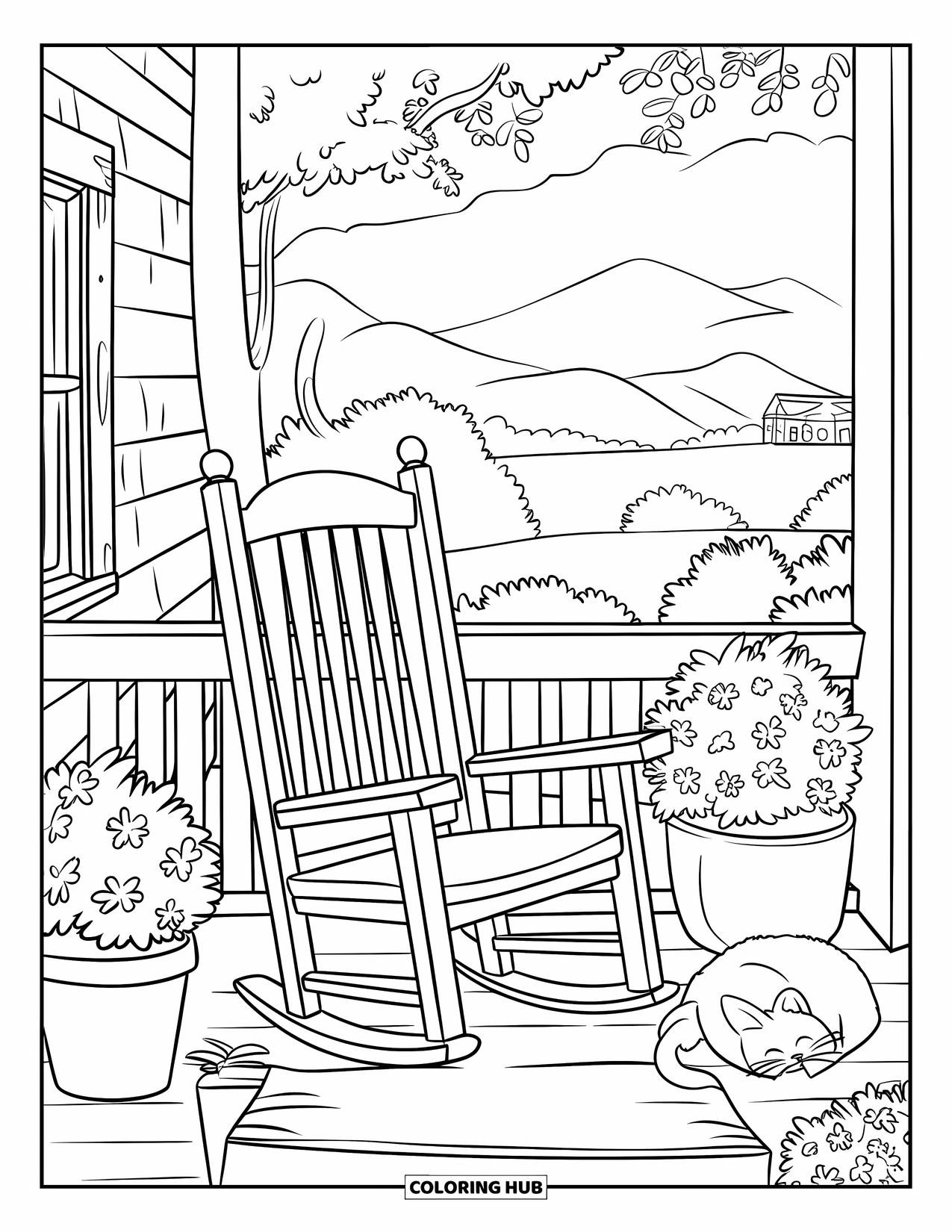 Lente Kleurplaat voor Kinderen: Een rustieke veranda met potplanten, een schommelstoel en een duttende Perzische kat