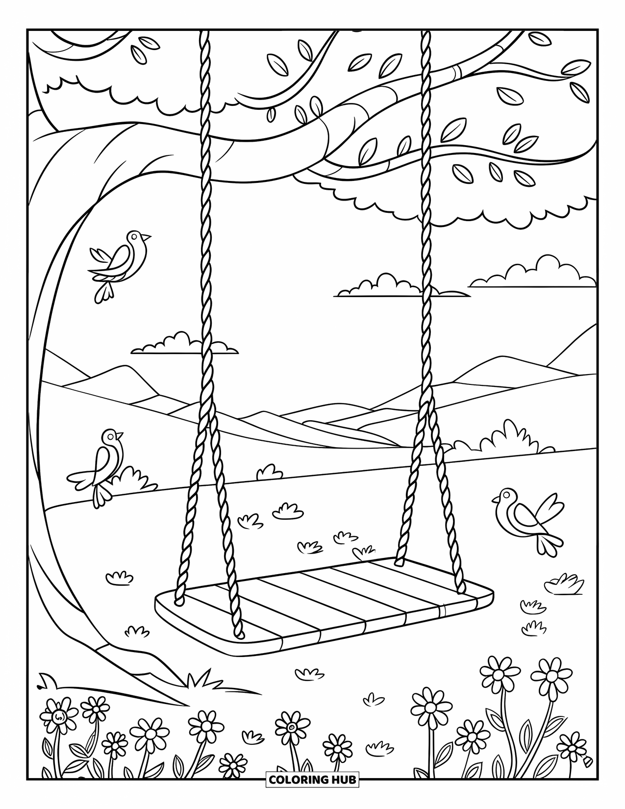 Lente Kleurplaat voor Kinderen: Een rustieke boom schommel hangt aan een stevige tak, omlijst door bloeiende bloemen