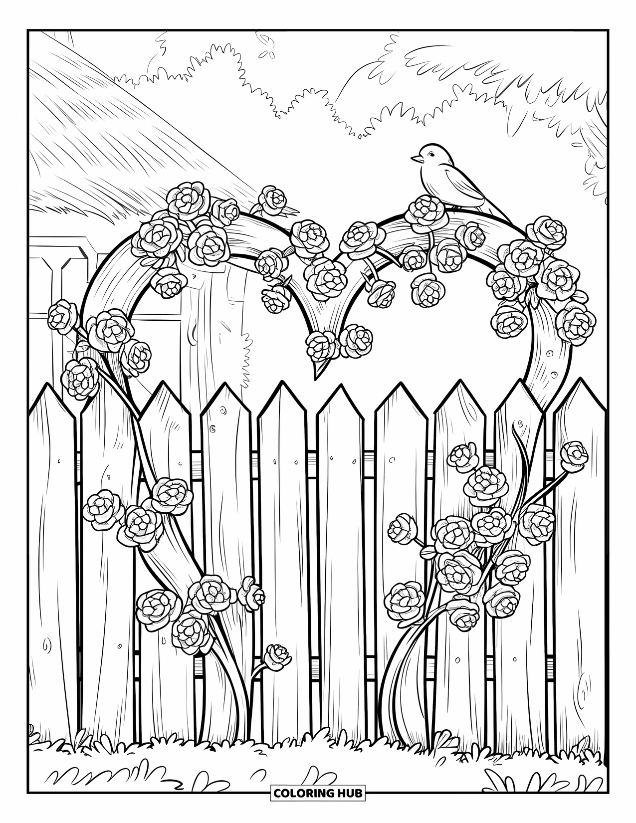 Lente Kleurplaat voor Kinderen: Een rustiek houten hek bedekt met klimrozen, met een klein vogeltje bovenop