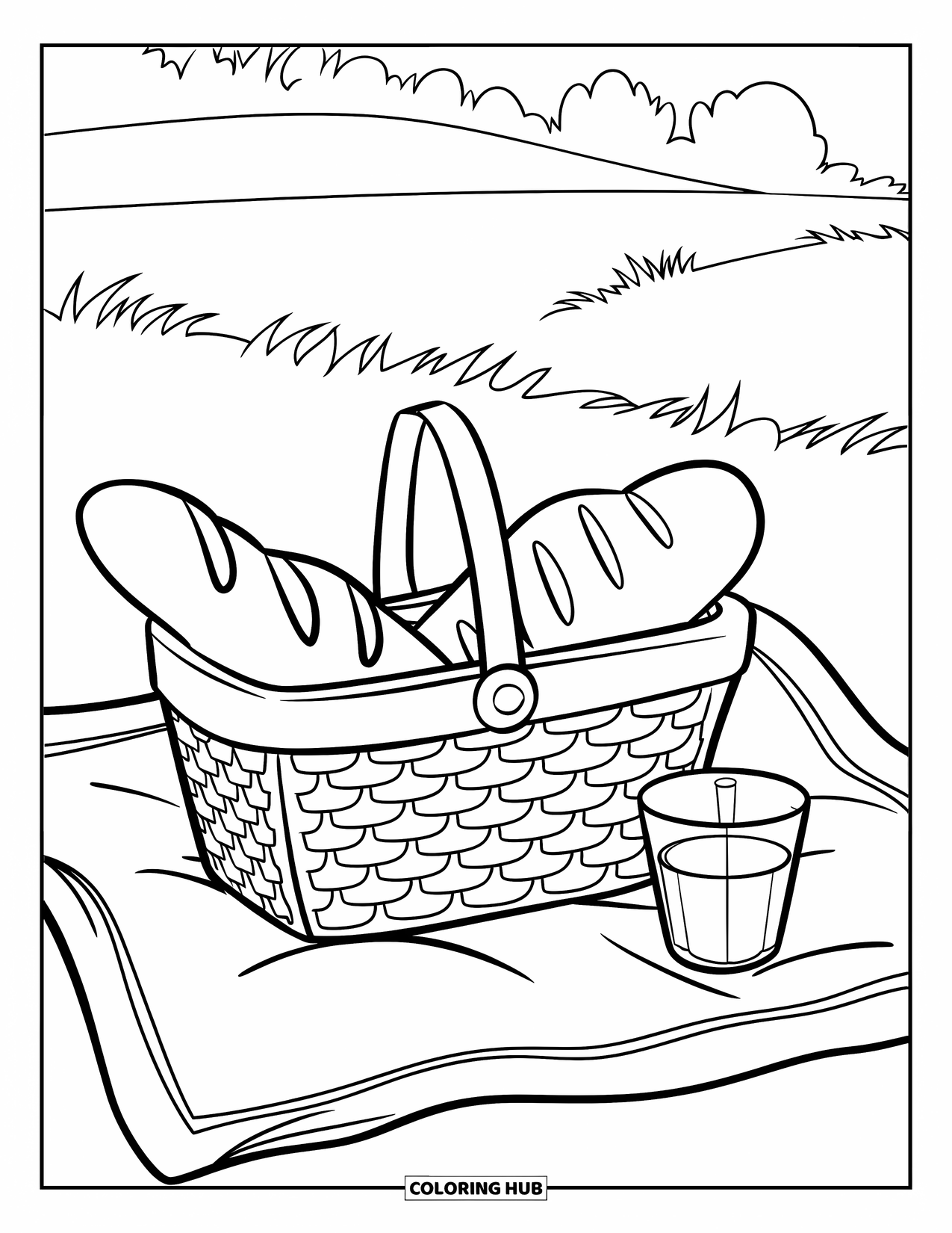 Lente Kleurplaat voor Kinderen: Een eenvoudige picknickmand met brood en sap staat op een gezellig kleed in een weiland