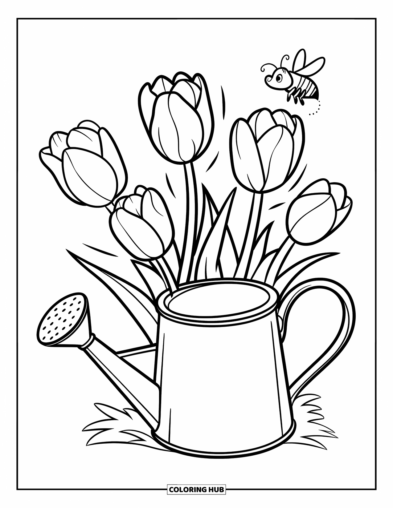 Lente Kleurplaat voor Kinderen: Een eenvoudige gieter staat naast bloeiende tulpen, met een nieuwsgierige bij in de buurt