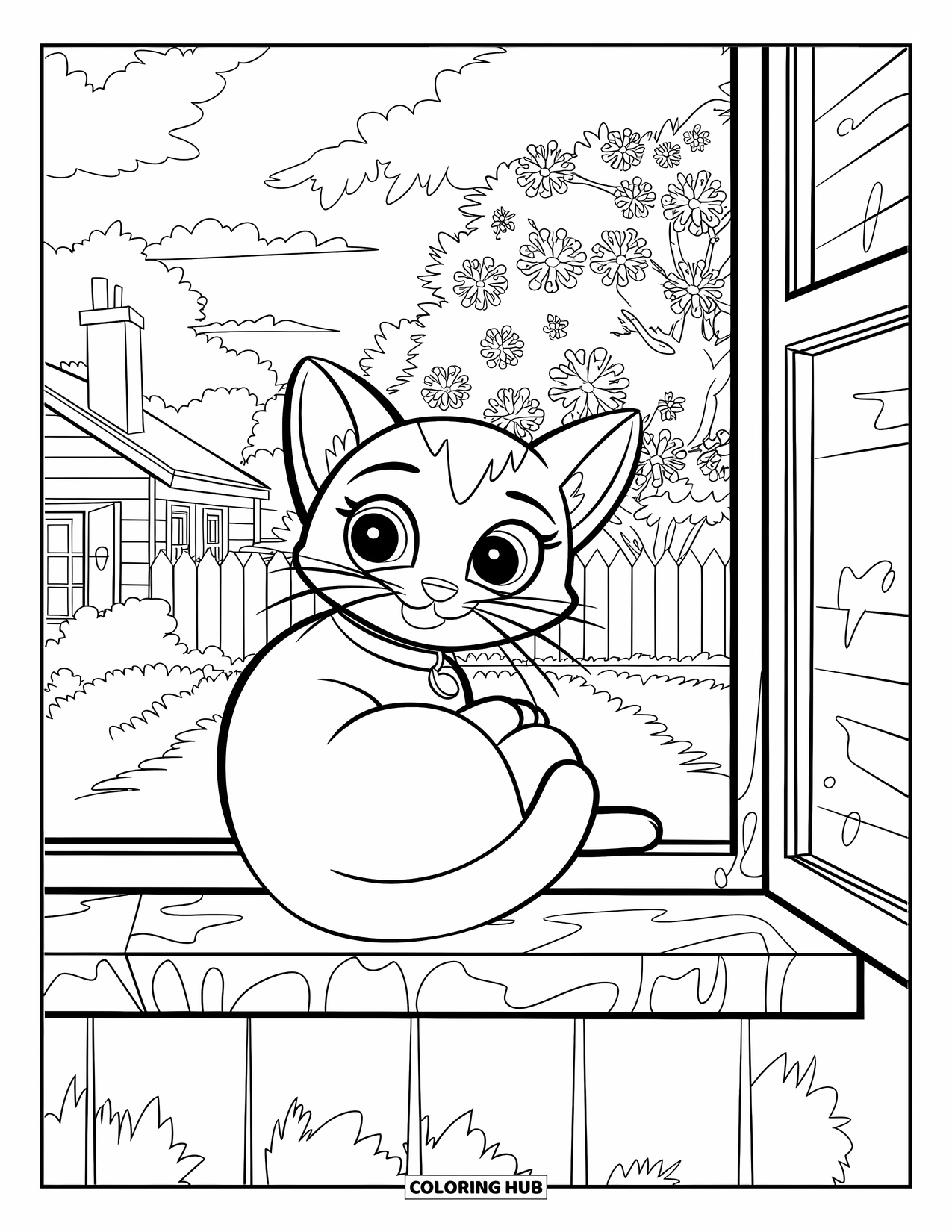 Lente Kleurplaat voor Kinderen: Een slaperige kat rust op een gezellige vensterbank en kijkt naar bloemen die buiten bloeien
