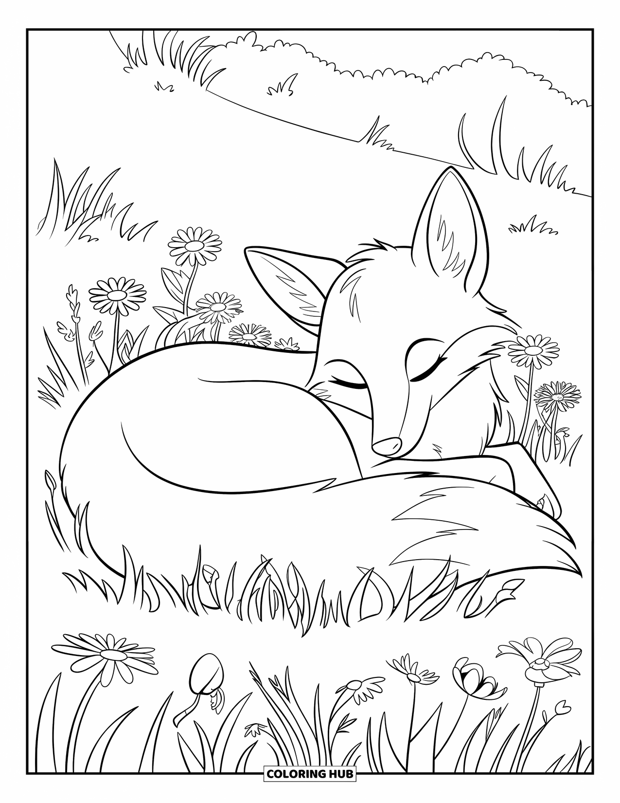 Lente Kleurplaat voor Kinderen: Een slaperige vos genesteld in een bed van wilde bloemen, koesterend in de zachte zonneschijn