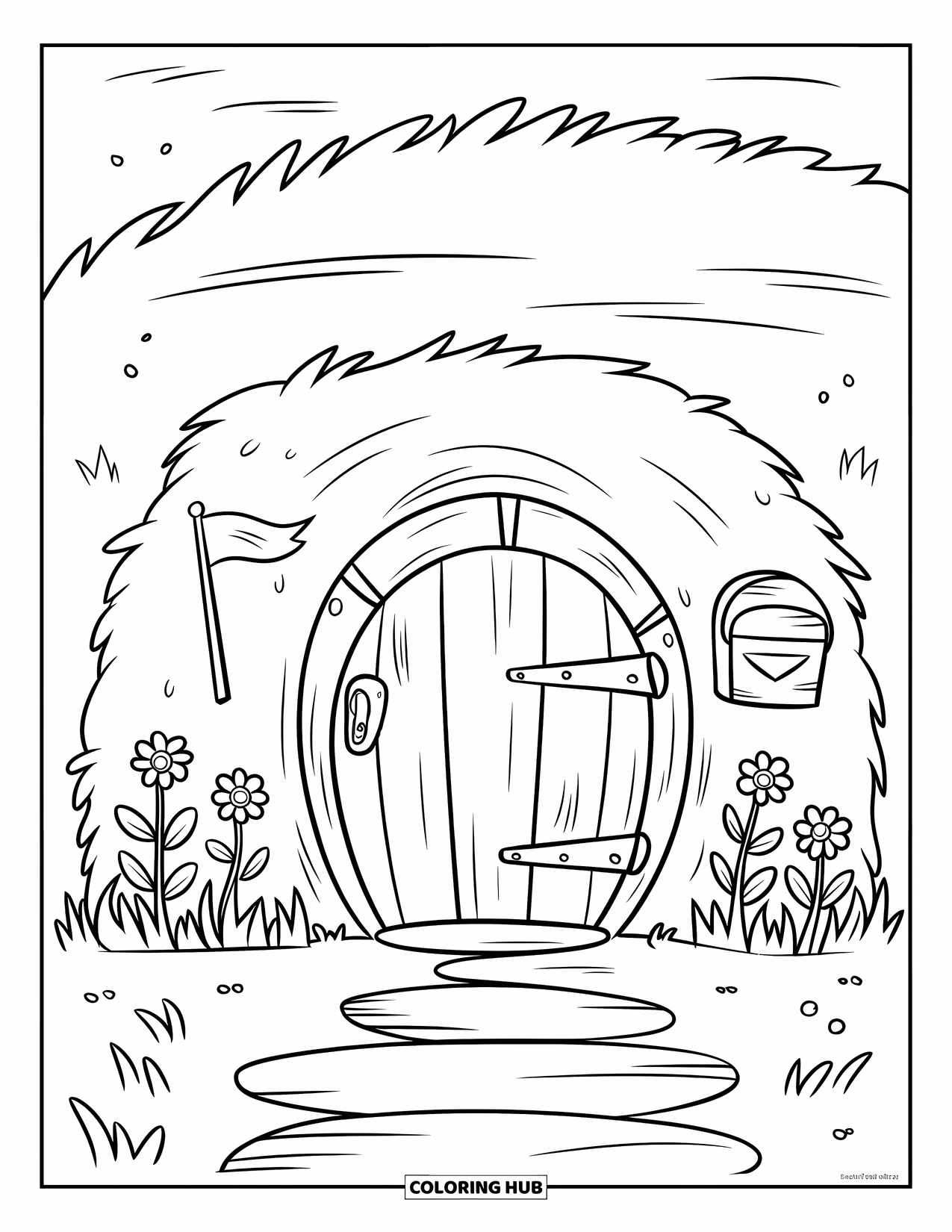 Lente Kleurplaat voor Kinderen: Een klein hol met een brievenbus, een ronde deur en een grasveld