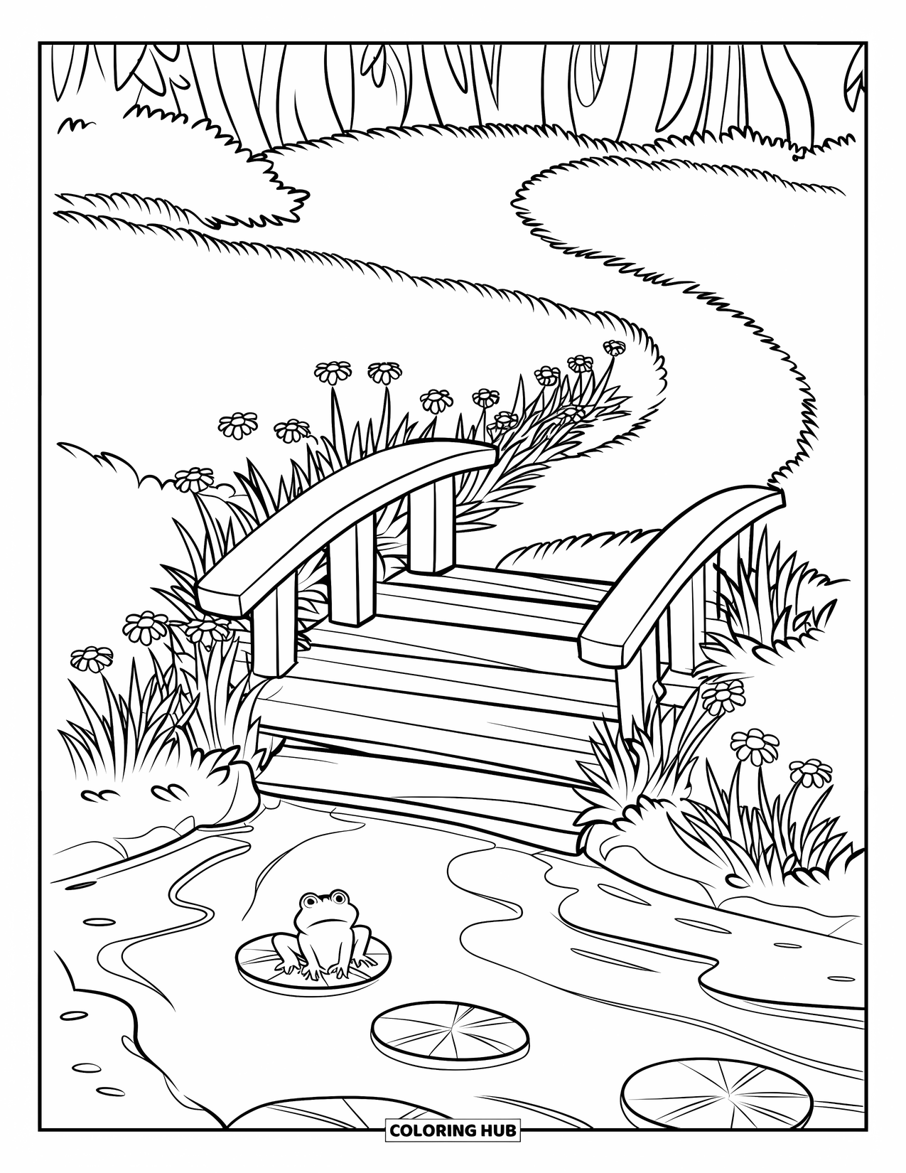 Lente Kleurplaat voor Kinderen: Een kleine voetbrug over een heldere beek, met bloemen die langs de oevers bloeien