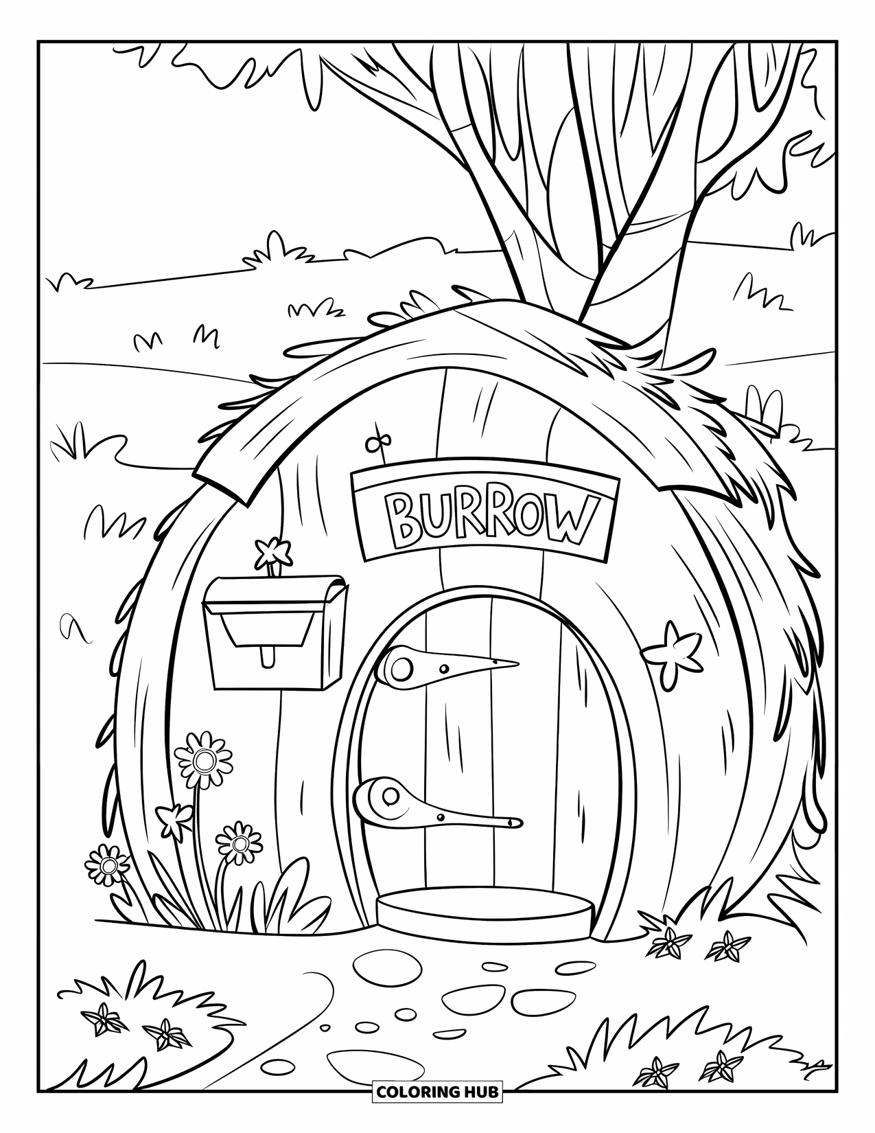Lente Kleurplaat voor Kinderen: Een knus hol met een houten deur, een kleine brievenbus en bloeiende bloemen