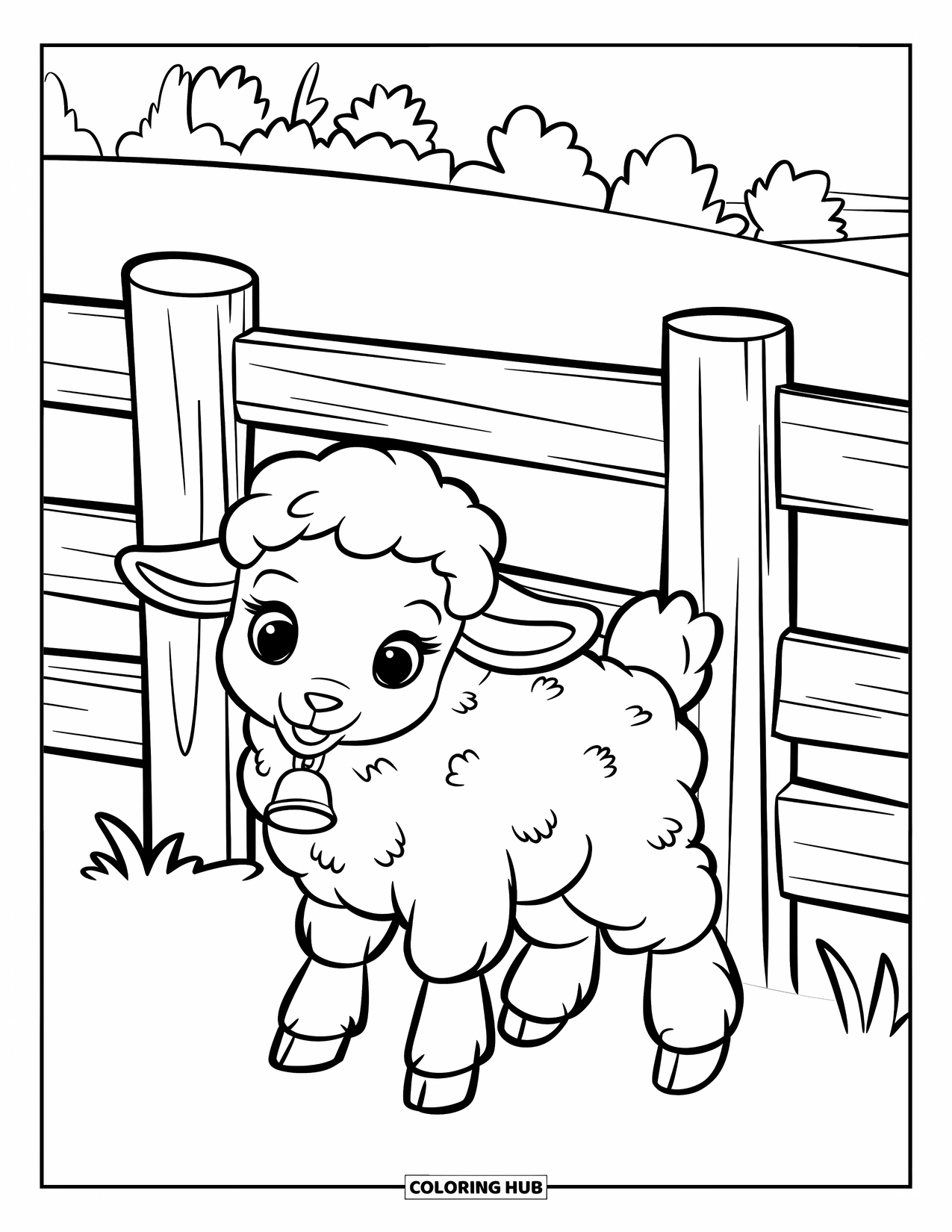 Lente Kleurplaat voor Kinderen: Een zacht, wollig lammetje met een bel verkent het grazige boerenerf