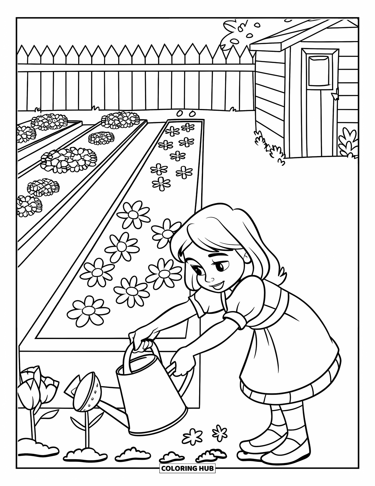 Lente Kleurplaat voor Kinderen: Een lentetuin met een meisje dat bloemen plant, een gieter en een houten schuur