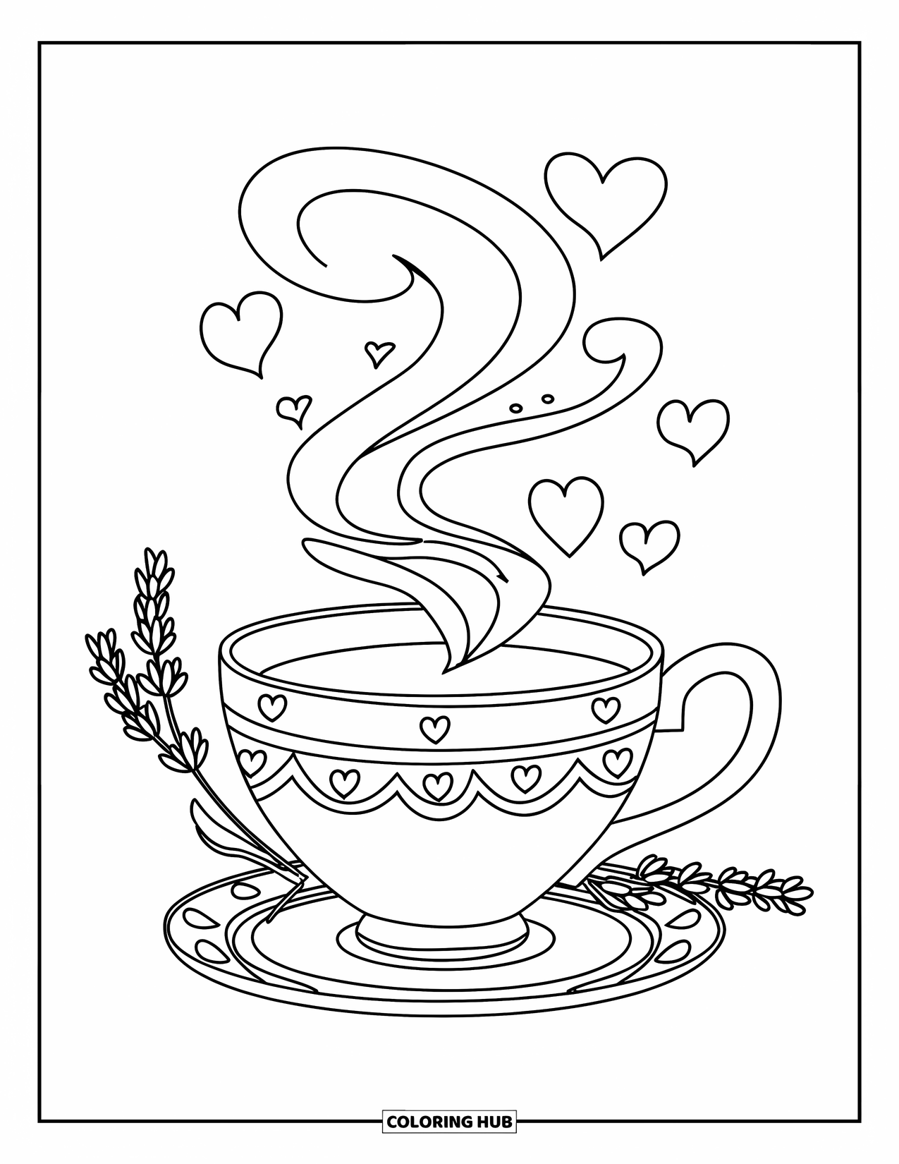 Lente Kleurplaat voor Kinderen: Een stomende theekop met lavendel ernaast, perfect voor een rustig en gezellig moment