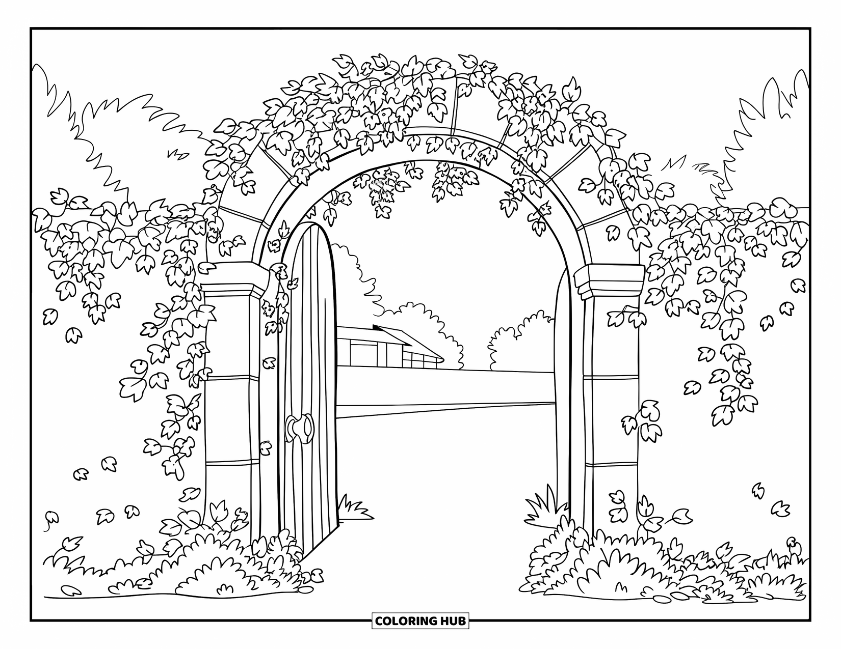 Lente Kleurplaat voor Kinderen: Een stenen boog bedekt met klimop, met een kleine kat die eronder gekruld ligt