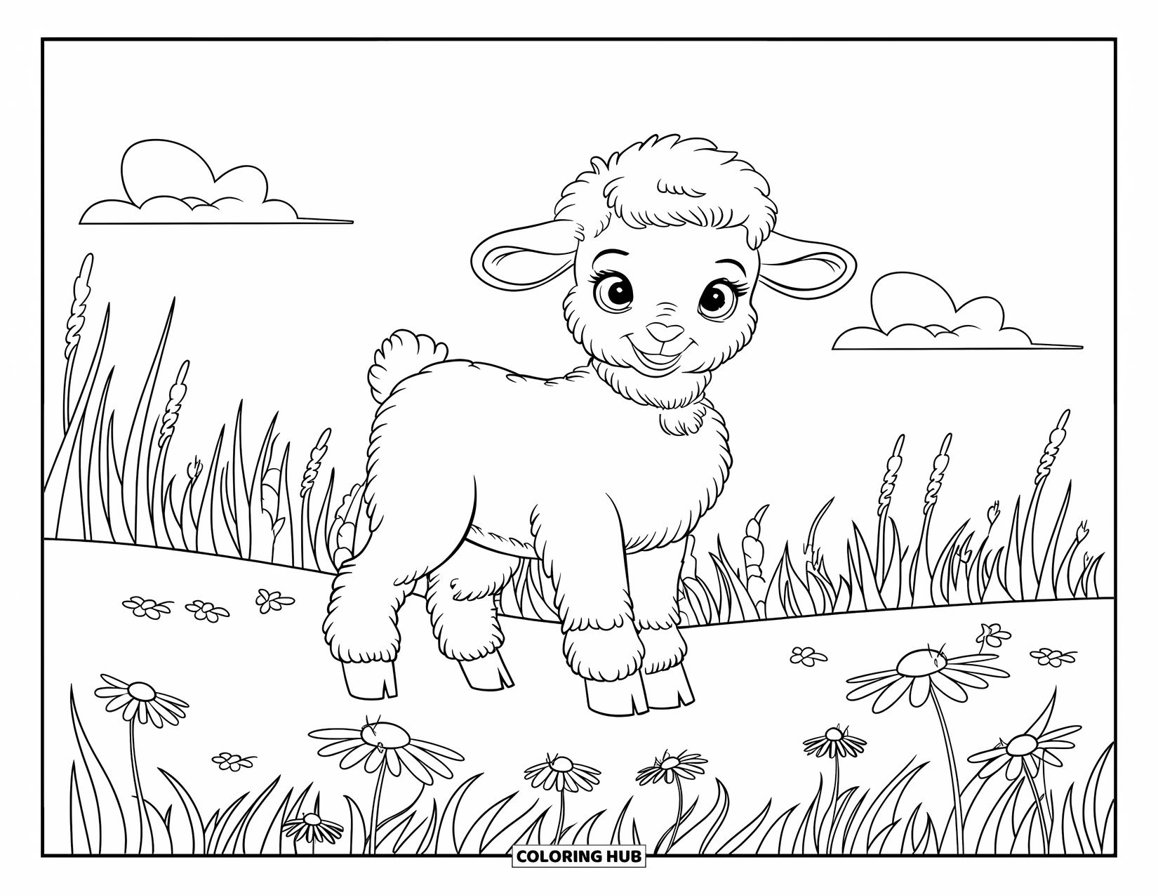 Lente Kleurplaat voor Kinderen: Een lief klein lammetje geniet van een vredig weiland vol bloemen en zonneschijn