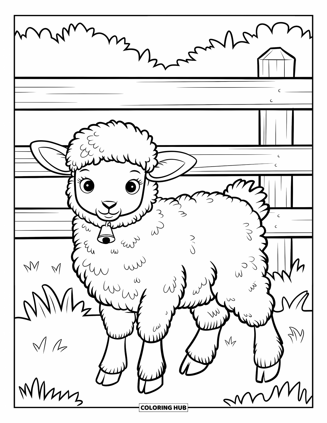 Lente Kleurplaat voor Kinderen: Een lief klein lammetje rust bij een rustiek boerderijhek in een groene weide