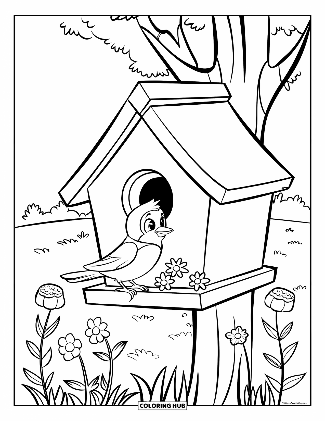 Lente Kleurplaat voor Kinderen: Een klein vogeltje rust op een aan een boom gemonteerd vogelhuisje, omringd door verse lentebloemen