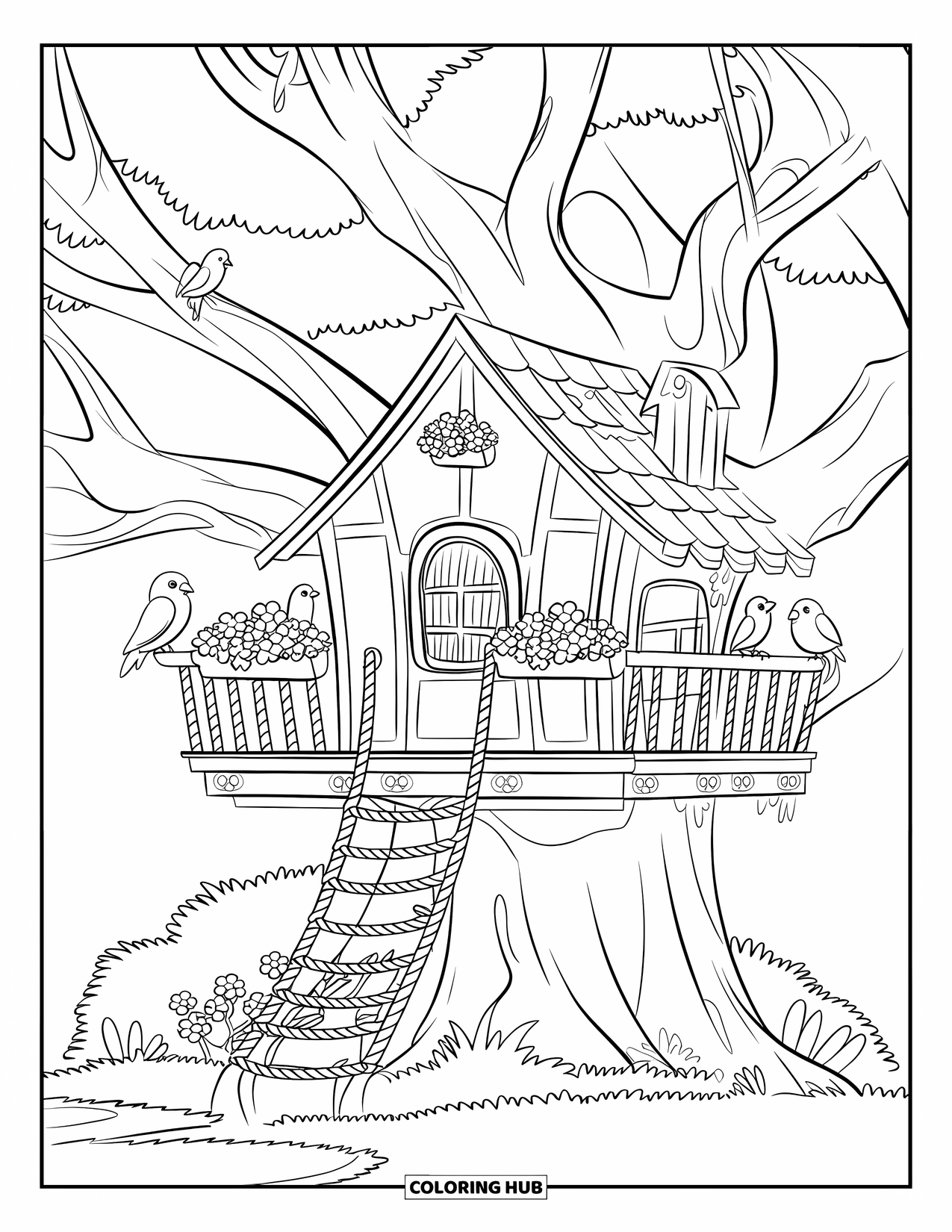Lente Kleurplaat voor Kinderen: Een boomhut met een houten ladder, omringd door vogels en bloeiende bloemen