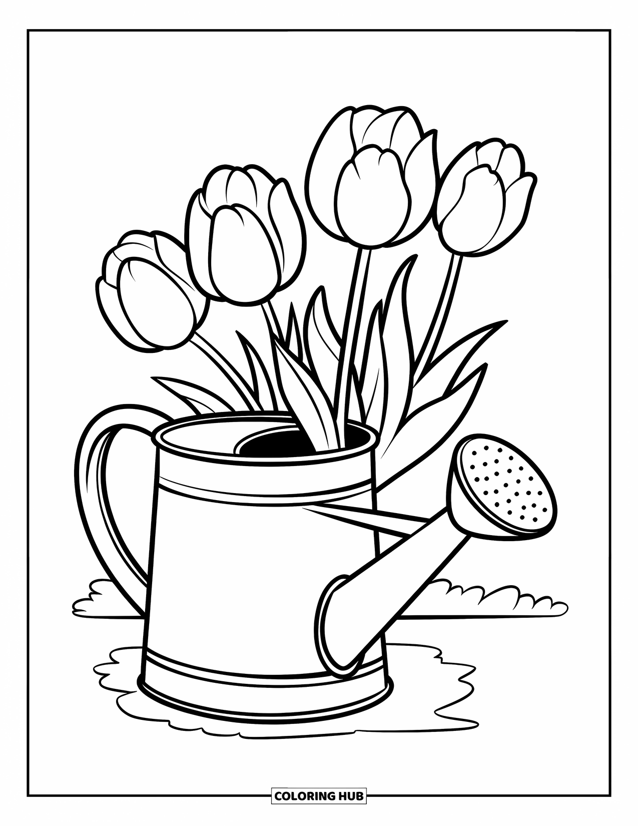 Lente Kleurplaat voor Kinderen: Een gieter met tulpen die ernaast groeien, met een kleine bij die in de buurt zoemt