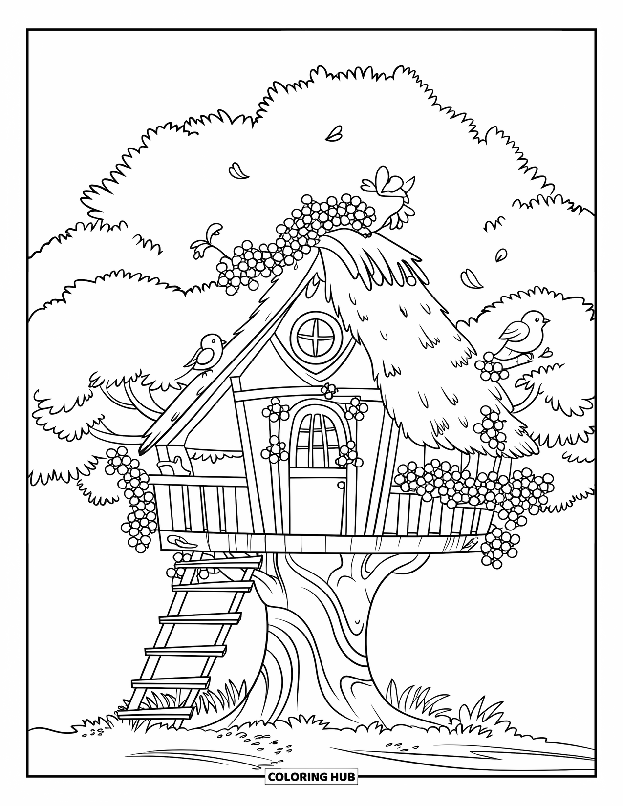 Lente Kleurplaat voor Kinderen: Een grillig boomhuis met zoemende bijen, tjilpende vogels en bloeiende bloemen