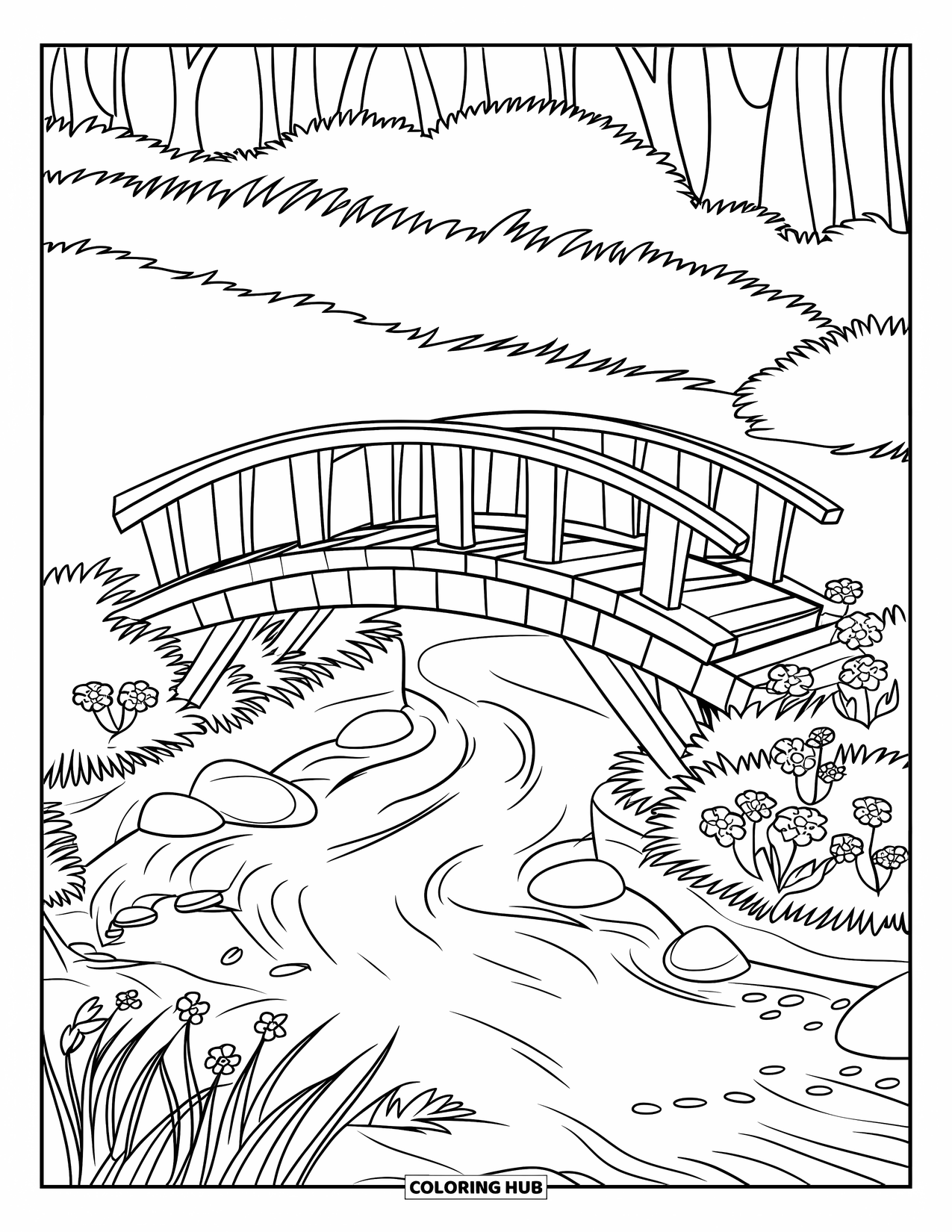 Lente Kleurplaat voor Kinderen: Een houten voetbrug overspant een borrelende beek, omringd door bloemen en hoog gras