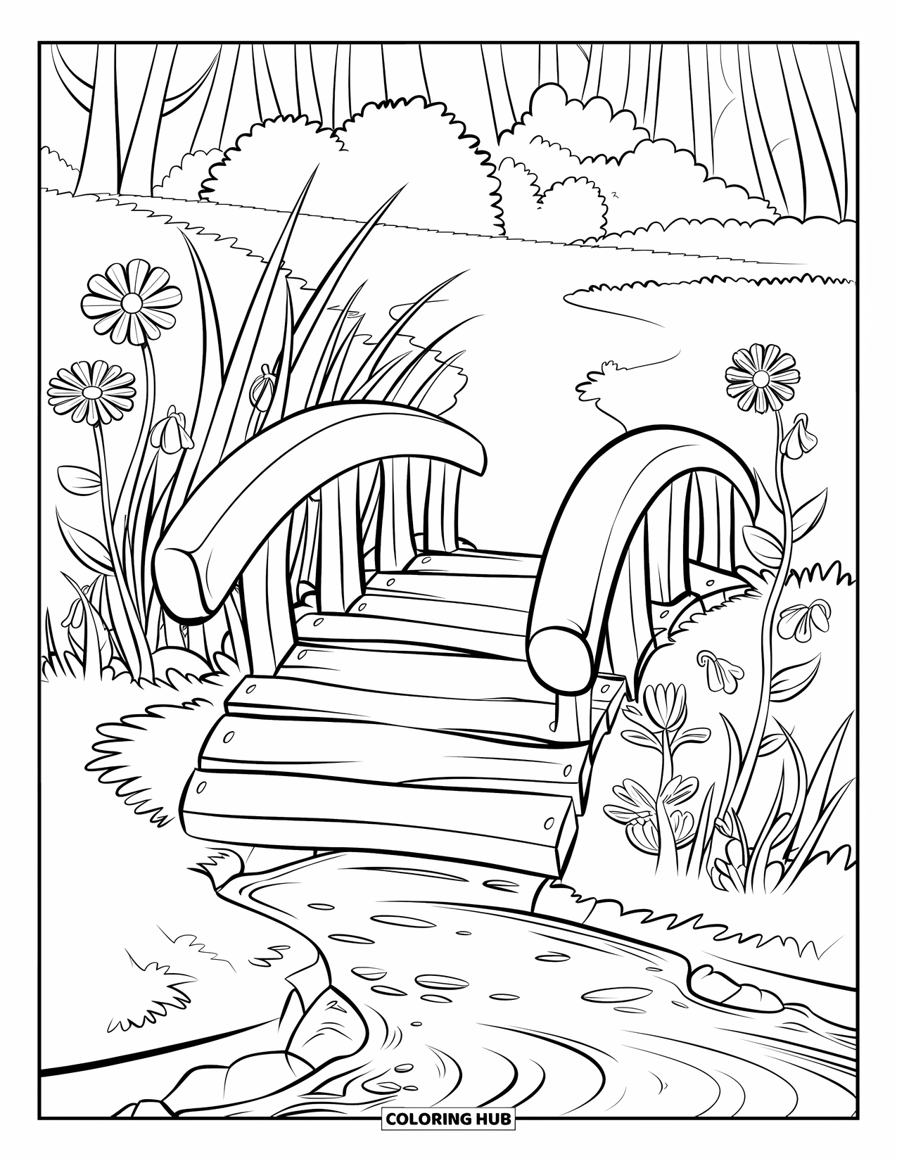 Lente Kleurplaat voor Kinderen: Een houten voetbrug strekt zich uit over een zachte beek, met kikkers die op waterlelies rusten