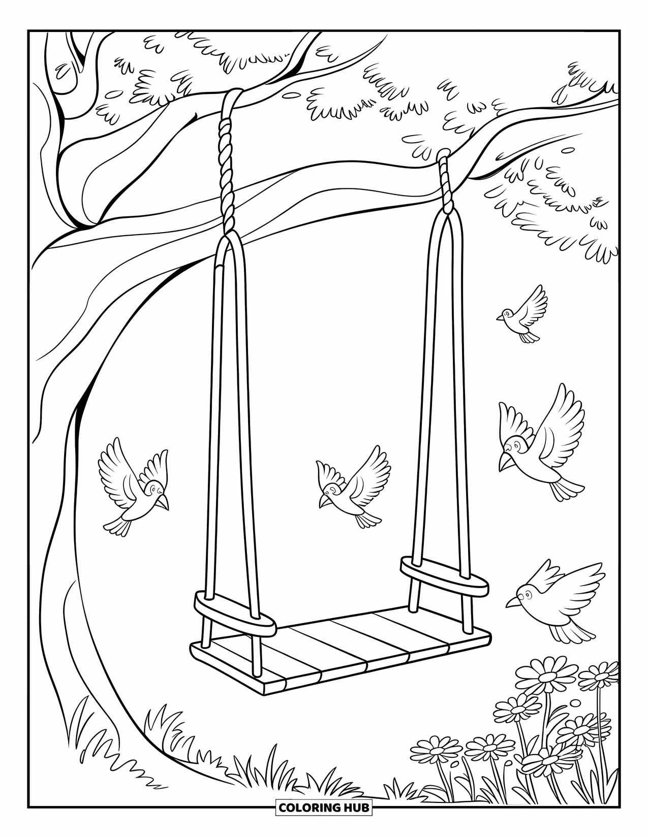 Lente Kleurplaat voor Kinderen: Een houten schommel aan een grote boom nodigt uit tot een rustig moment in de natuur