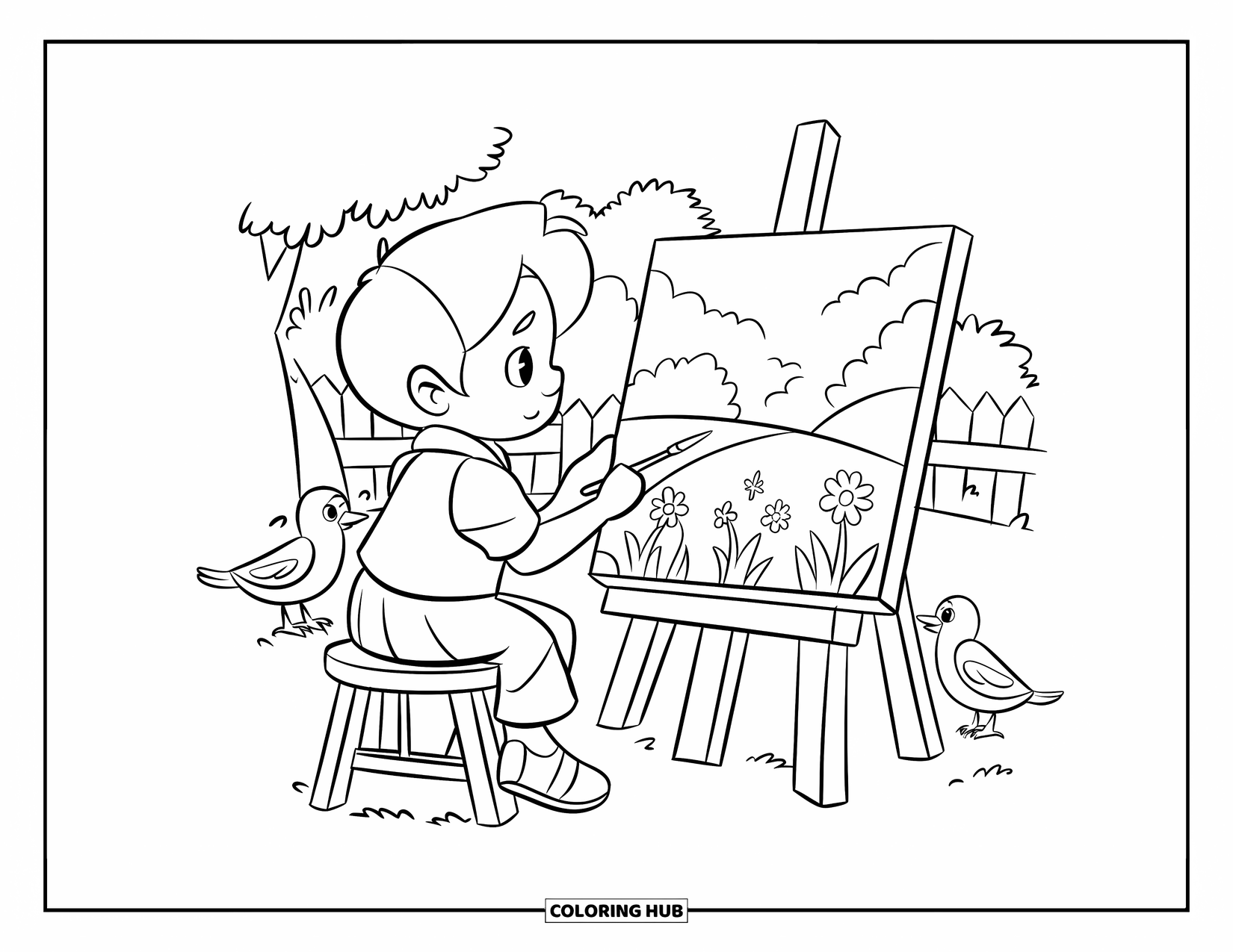 Lente Kleurplaat voor Kinderen: Een jonge kunstenaar schildert een weiland terwijl vogels nieuwsgierig toekijken vanuit de buurt