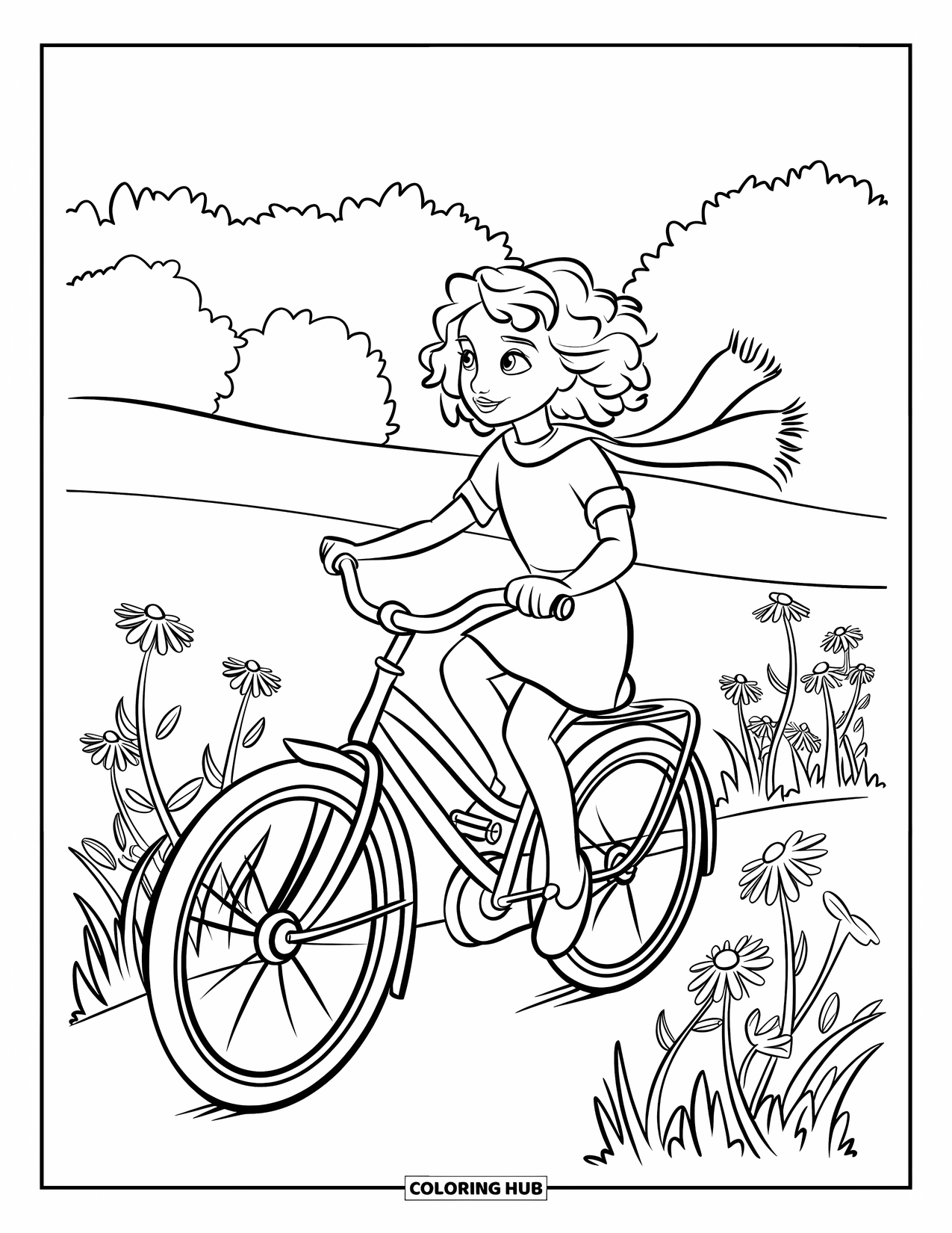 Lente Kleurplaat voor Kinderen: Een jong meisje fietst door een weide, haar jurk wappert terwijl ze geniet van de rit