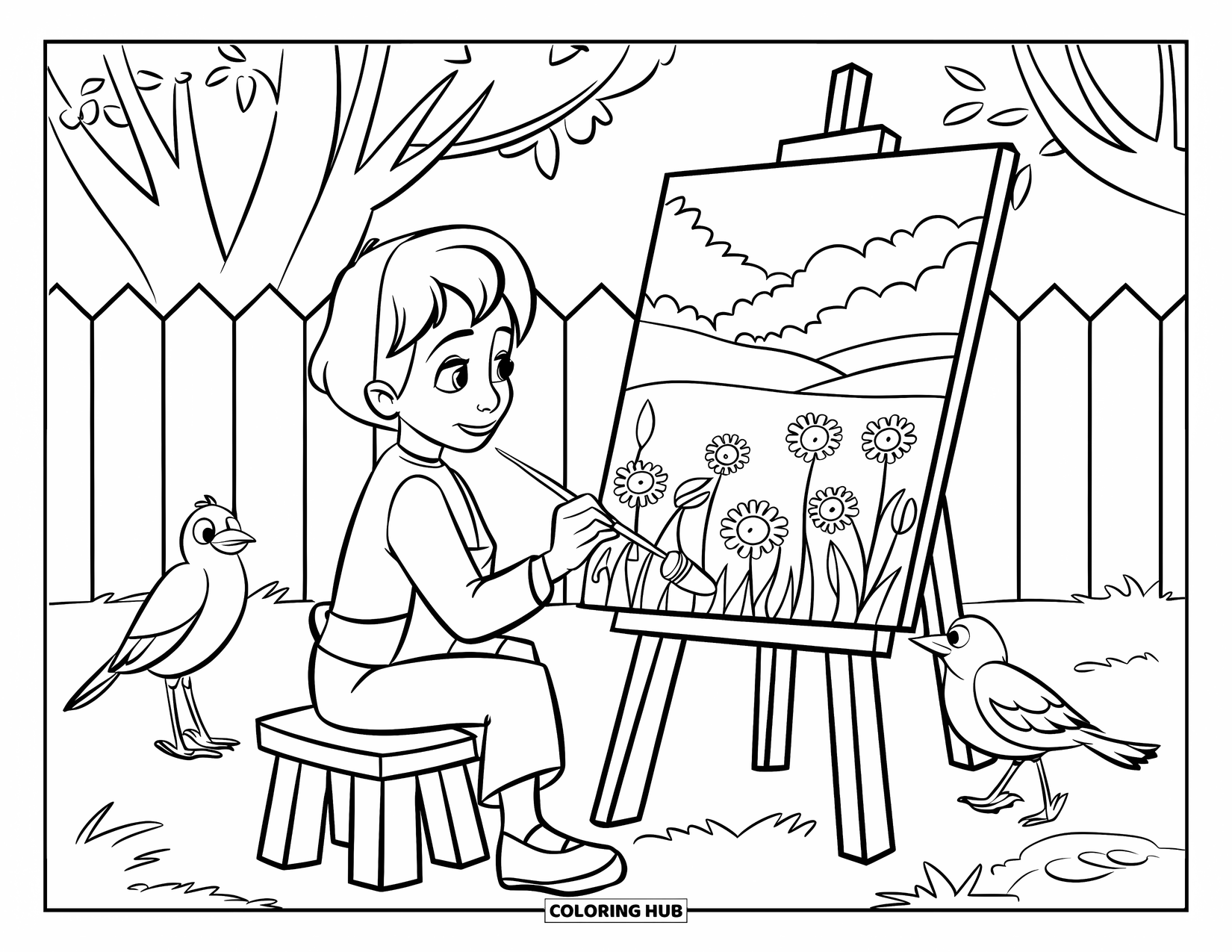 Lente Kleurplaat voor Kinderen: Een jonge schilder zit buiten op een kruk en schildert een levendige lenteweide