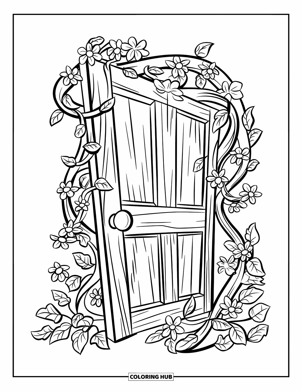 Lente Kleurplaat voor Kinderen: Een betoverende houten tuindeur bedekt met klimop en bloemen, die naar een verborgen pad leidt