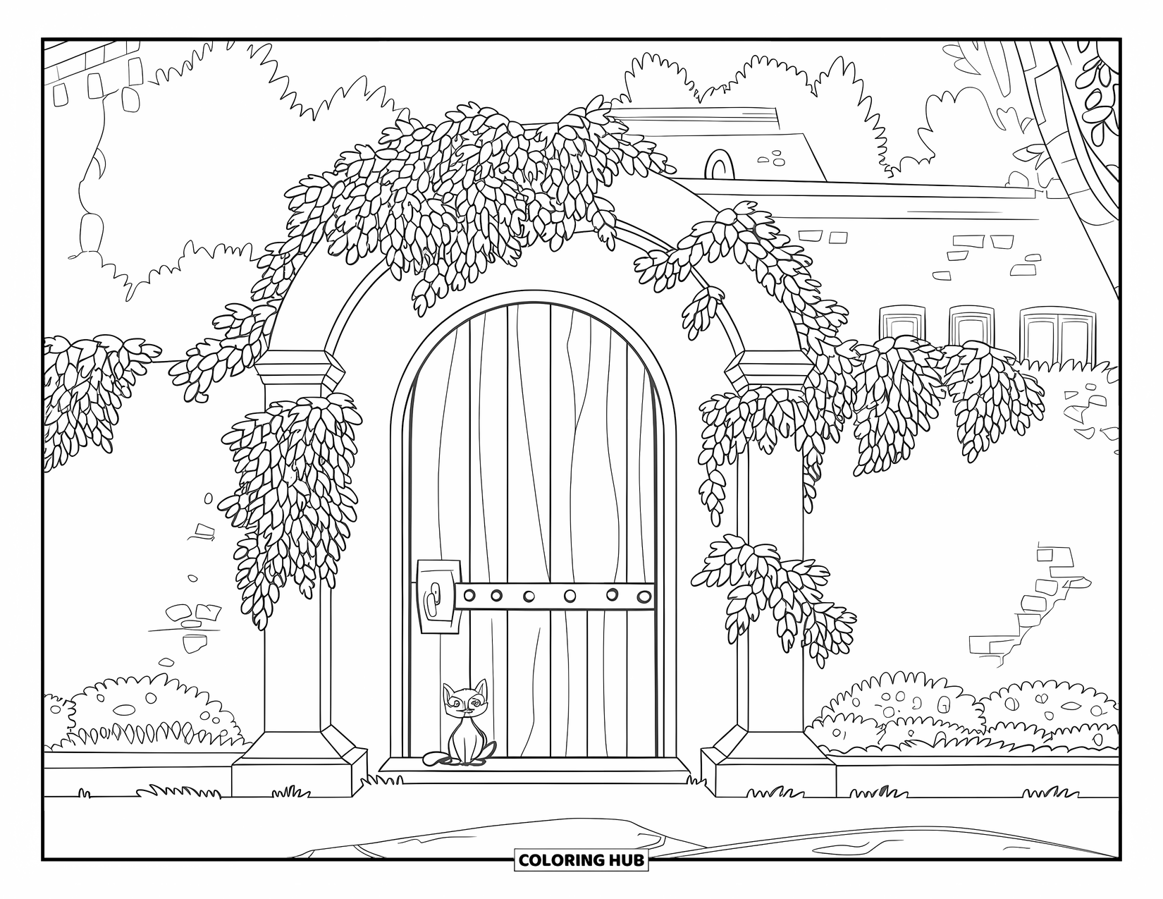 Lente Kleurplaat voor Kinderen: Een met klimop begroeide tuinboog met een kleine kat die er vredig onder zit