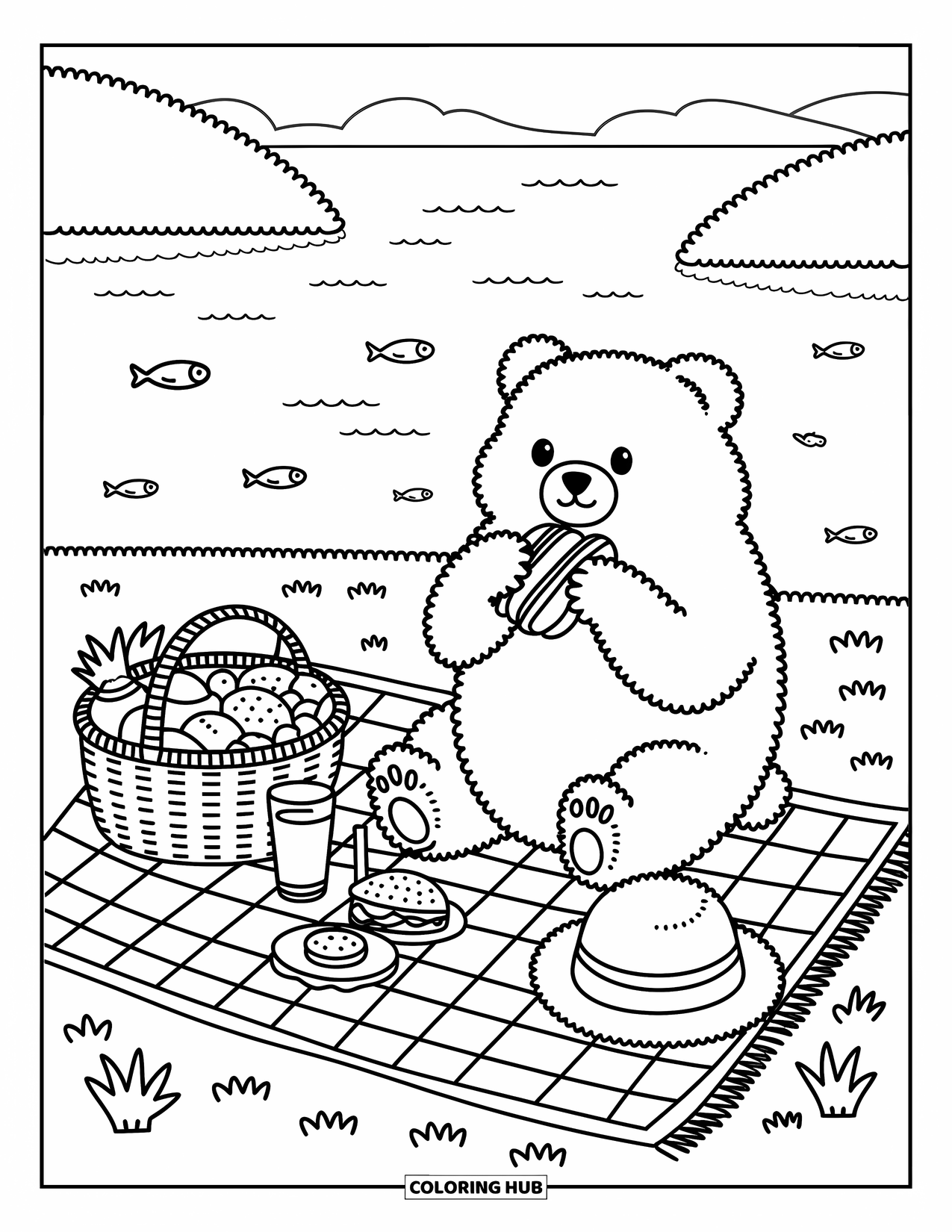 Zomer Kleurplaat voor Volwassenen: Een beer geniet van een rustige picknick terwijl kleine vissen in het meer ernaast springen