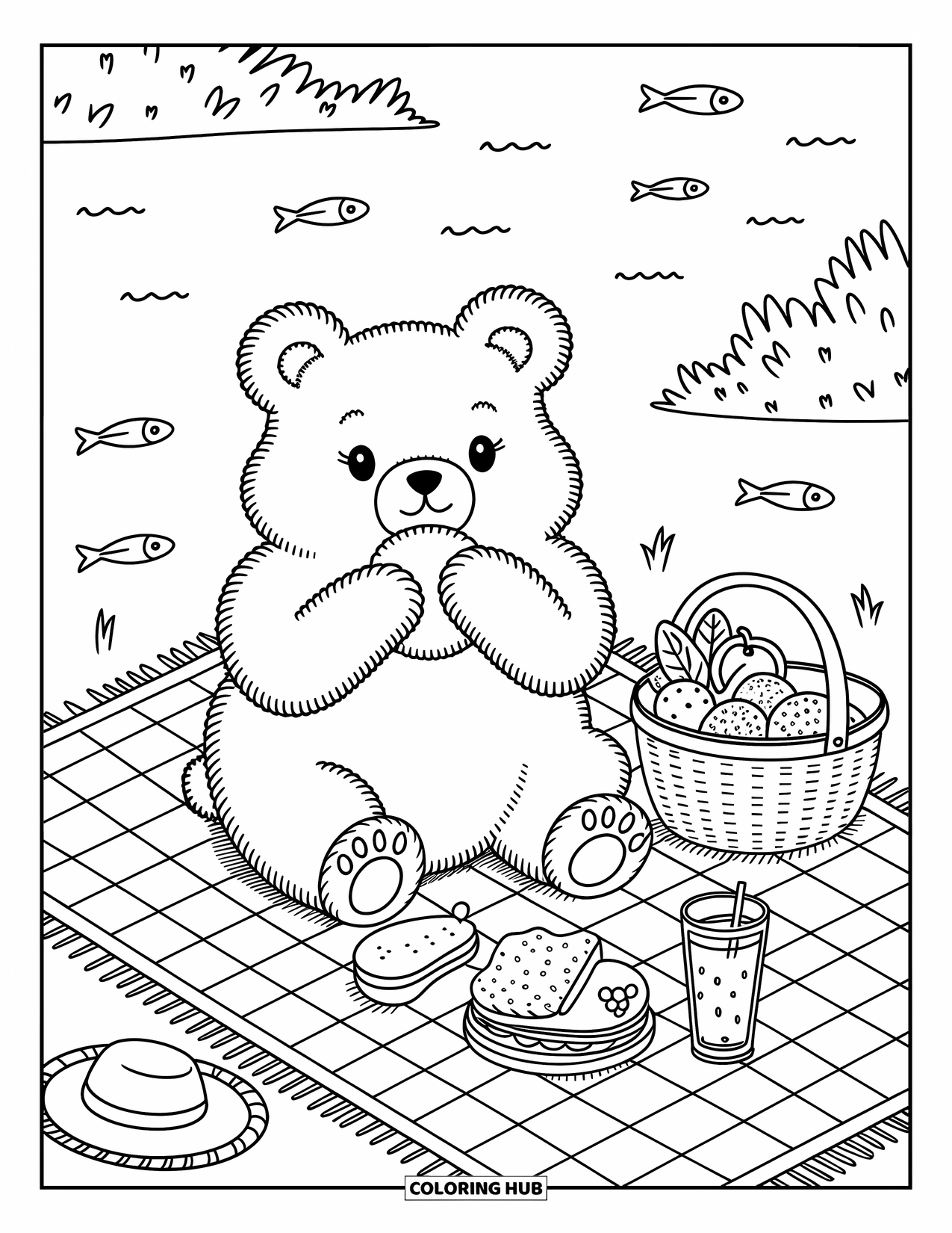 Zomer Kleurplaat voor Volwassenen: Een beer zit op een geruit kleed en geniet van een picknick in de buurt van een kalm meer