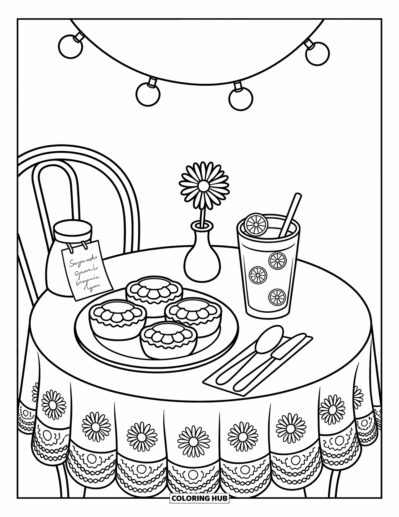 Zomer Kleurplaat voor Volwassenen: Een cafétafel straalt onder feeërieke lichtjes, met zoetigheden en een klein menu