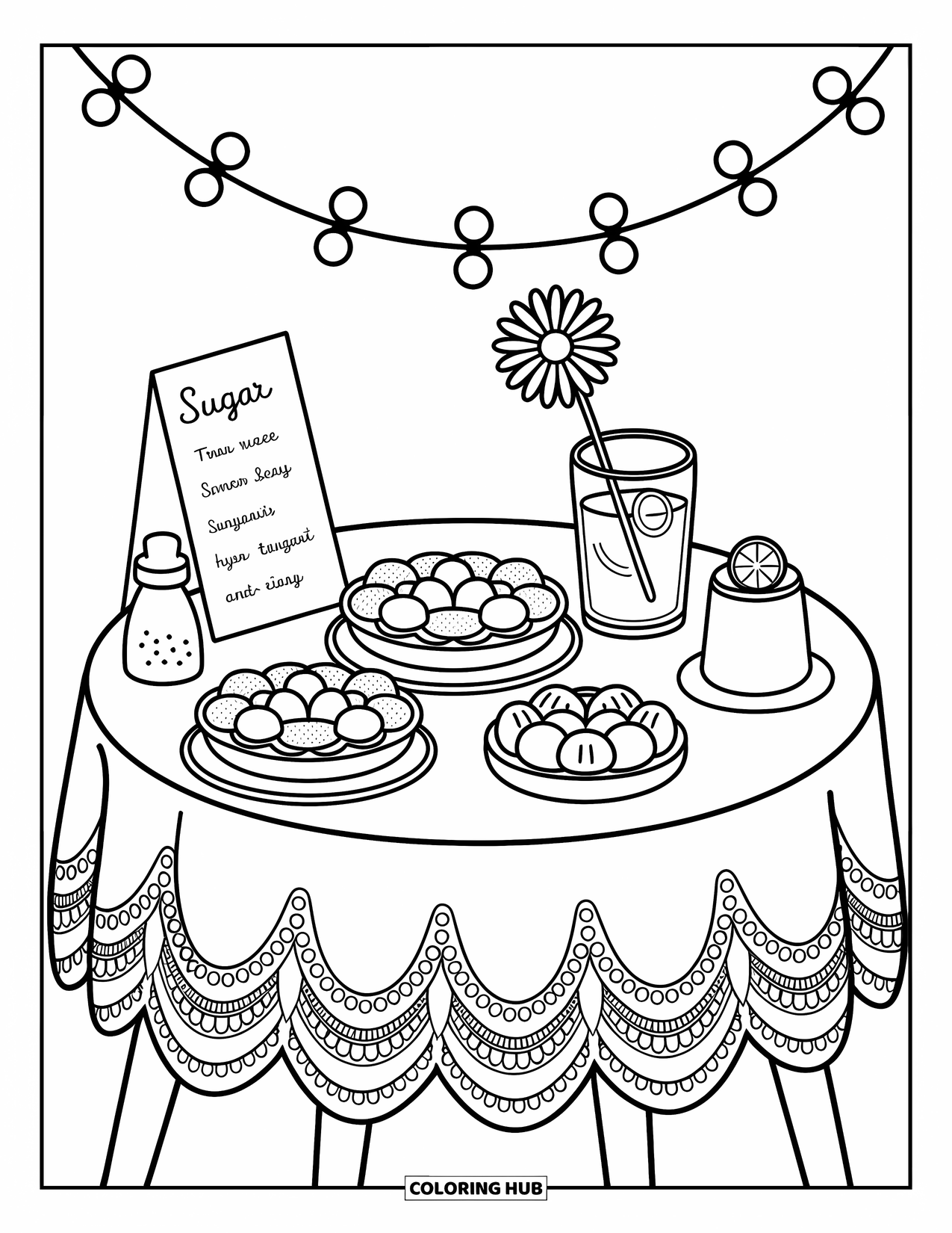 Zomer Kleurplaat voor Volwassenen: Een charmante café-opstelling met een sierlijk theekopje, gebak en een bloemenvaas