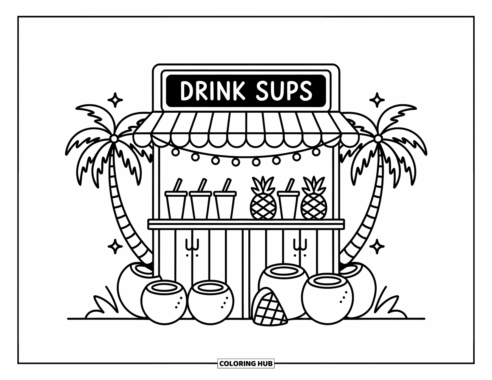 Zomer Kleurplaat voor Volwassenen: Een charmante drankstand met verse vruchtensappen staat onder wuivende palmbomen