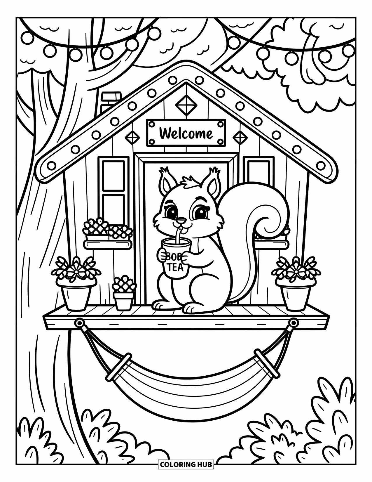 Zomer Kleurplaat voor Volwassenen: Een vrolijke eekhoorn drinkt boba-thee op de veranda van een klein boomhut