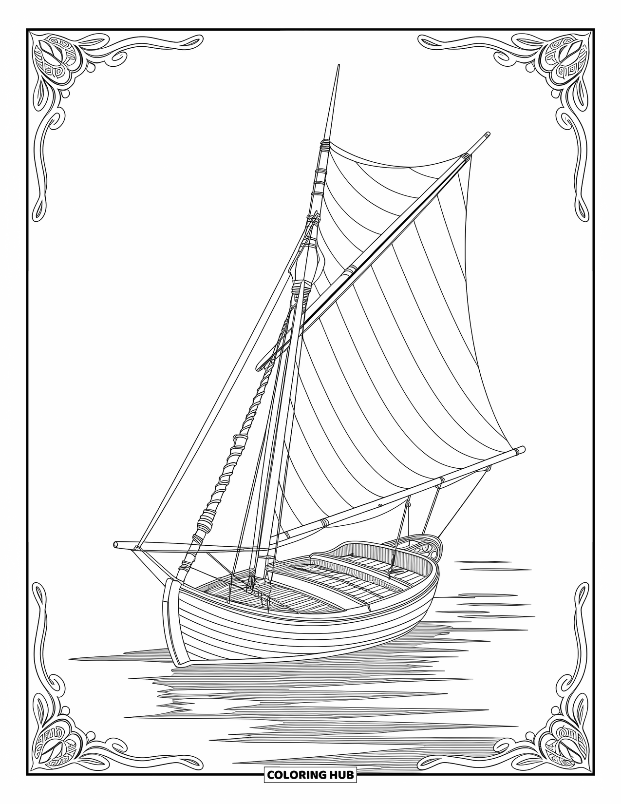 Zomer Kleurplaat voor Volwassenen: Een klassieke zeilboot op serene wateren, versierd met ingewikkelde nautische details en tuigage