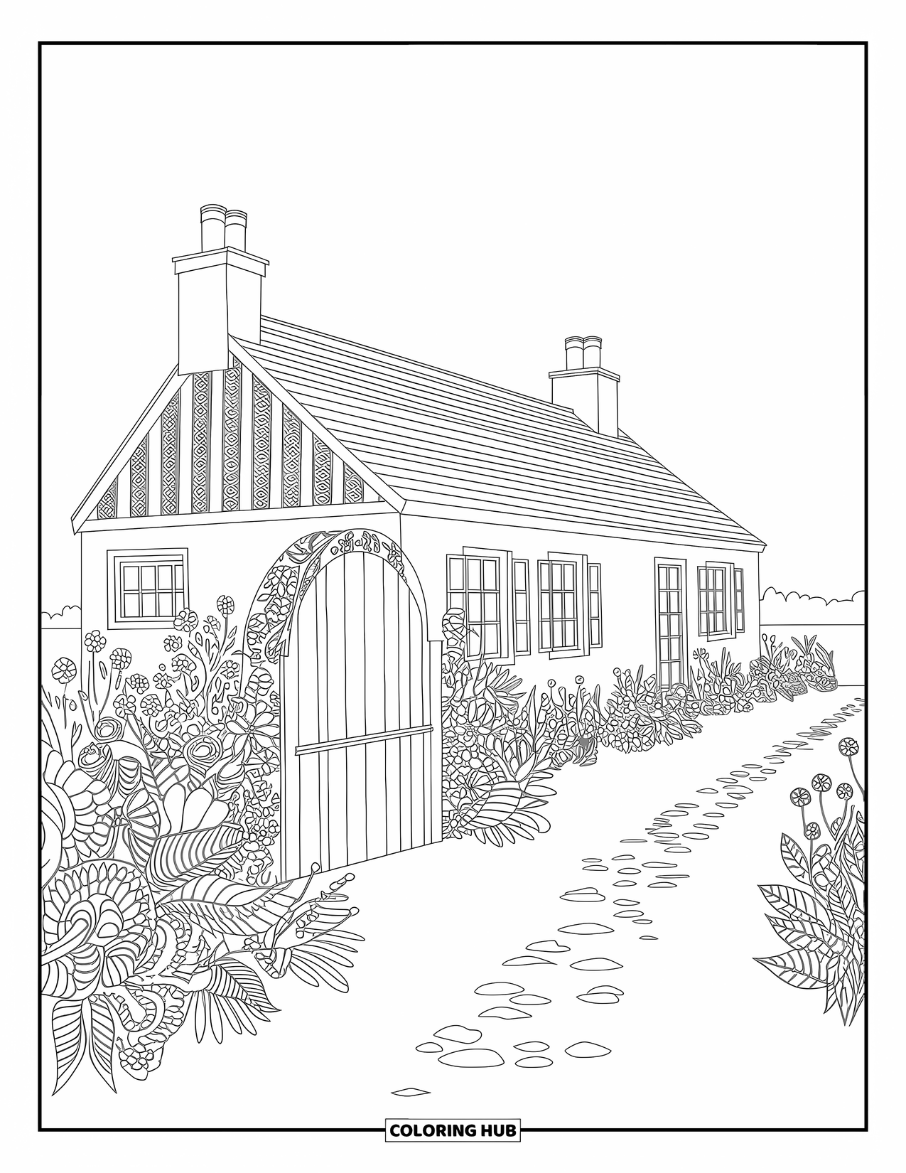 Zomer Kleurplaat voor Volwassenen: Een gezellig huisje genesteld tussen wilde bloemen, met een boogpoort en een kronkelend zandpad