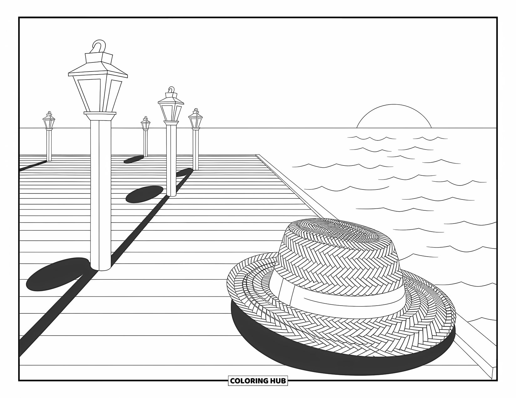 Zomer Kleurplaat voor Volwassenen: Een gezellige avondlijke dokscène met lantaarns, zachte golven en een strohoed die aan de rand rust