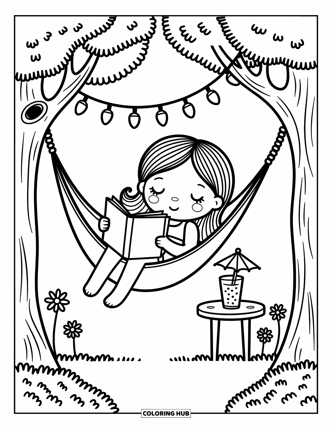 Zomer Kleurplaat voor Volwassenen: Een gezellige hangmat schommelt zachtjes tussen de bomen terwijl een meisje geniet van een rustige leessessie