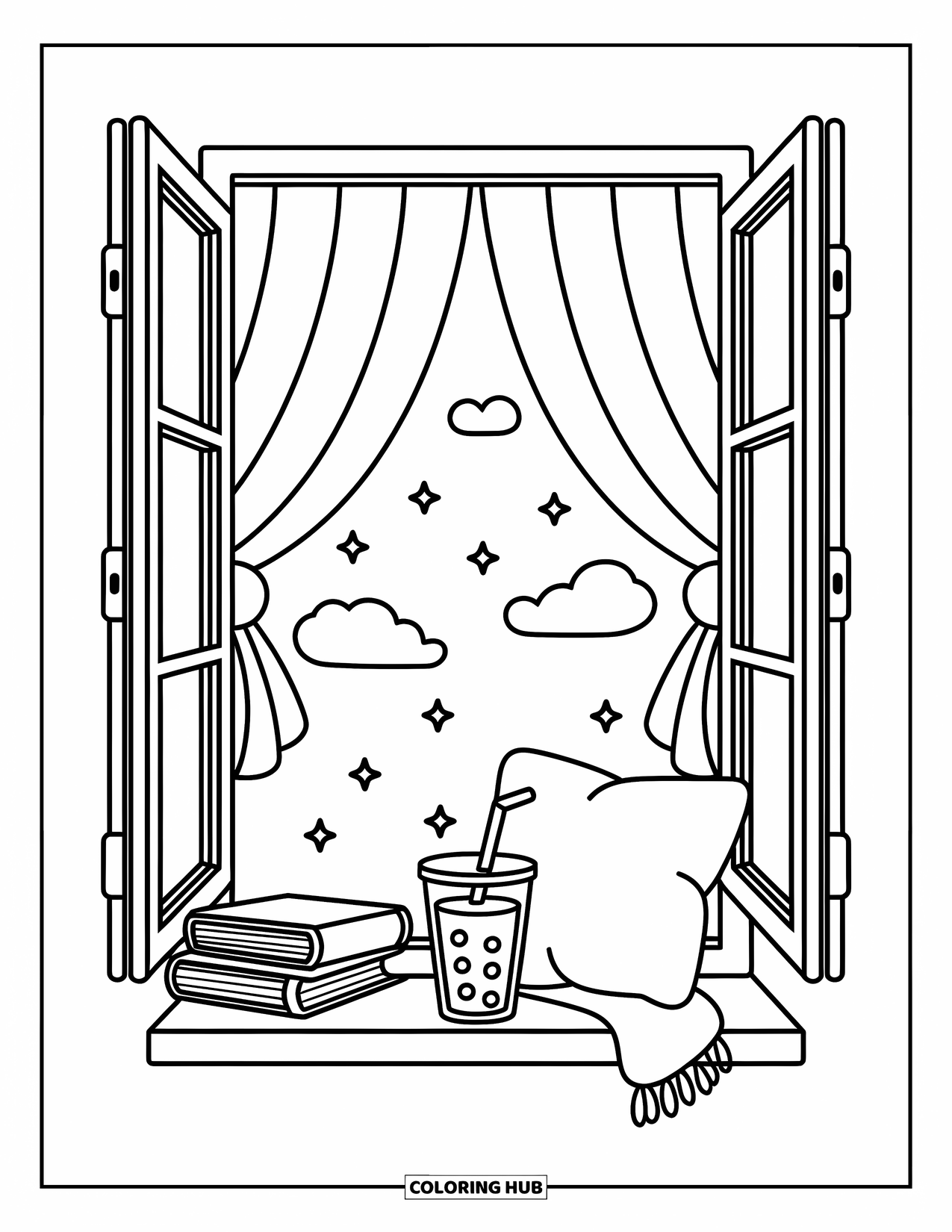 Zomer Kleurplaat voor Volwassenen: Een gezellige leeshoek bij een raam met boeken, ijsthee en zachte kussens