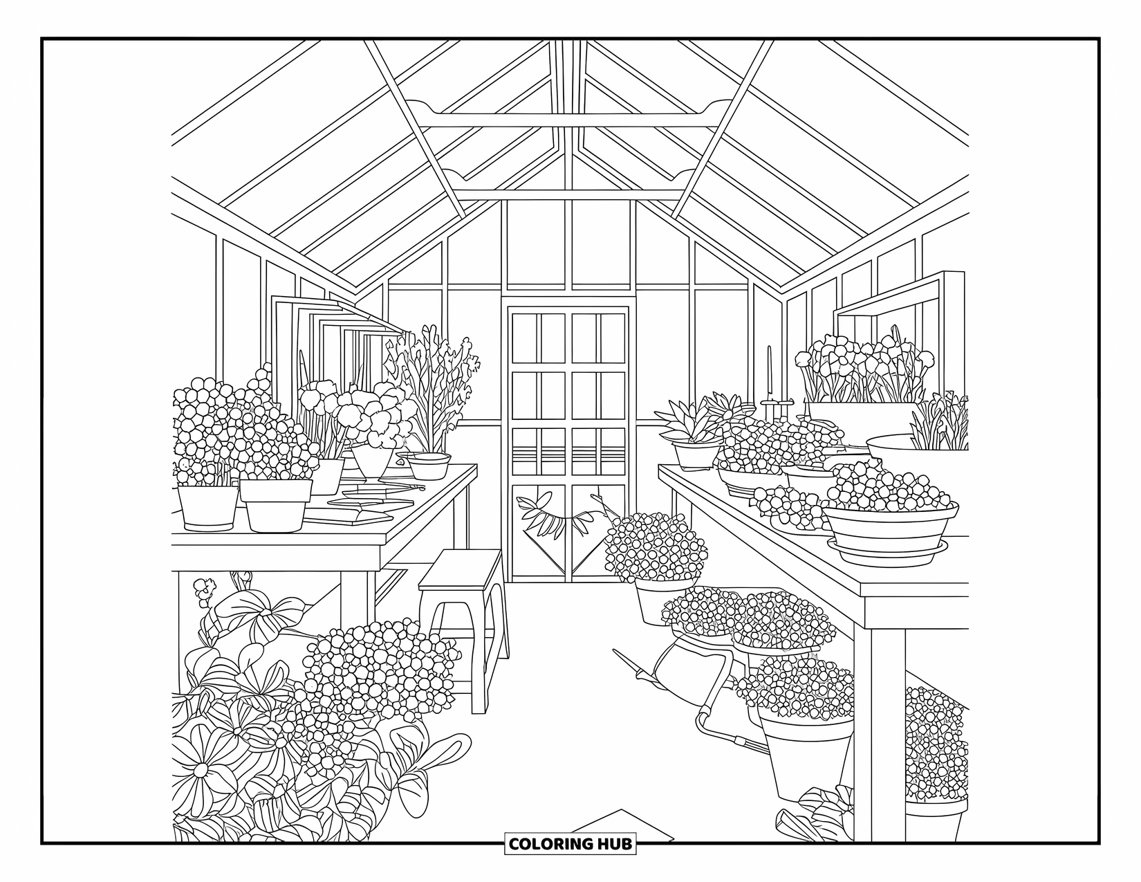 Zomer Kleurplaat voor Volwassenen: Een gezellige zomerse kas gevuld met bloeiende bloemen, een houten werkbank en potplanten