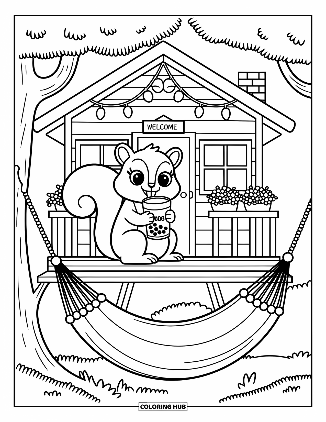 Zomer Kleurplaat voor Volwassenen: Een gezellig boomhut met een hangmat zwaait terwijl een eekhoorn boba drinkt