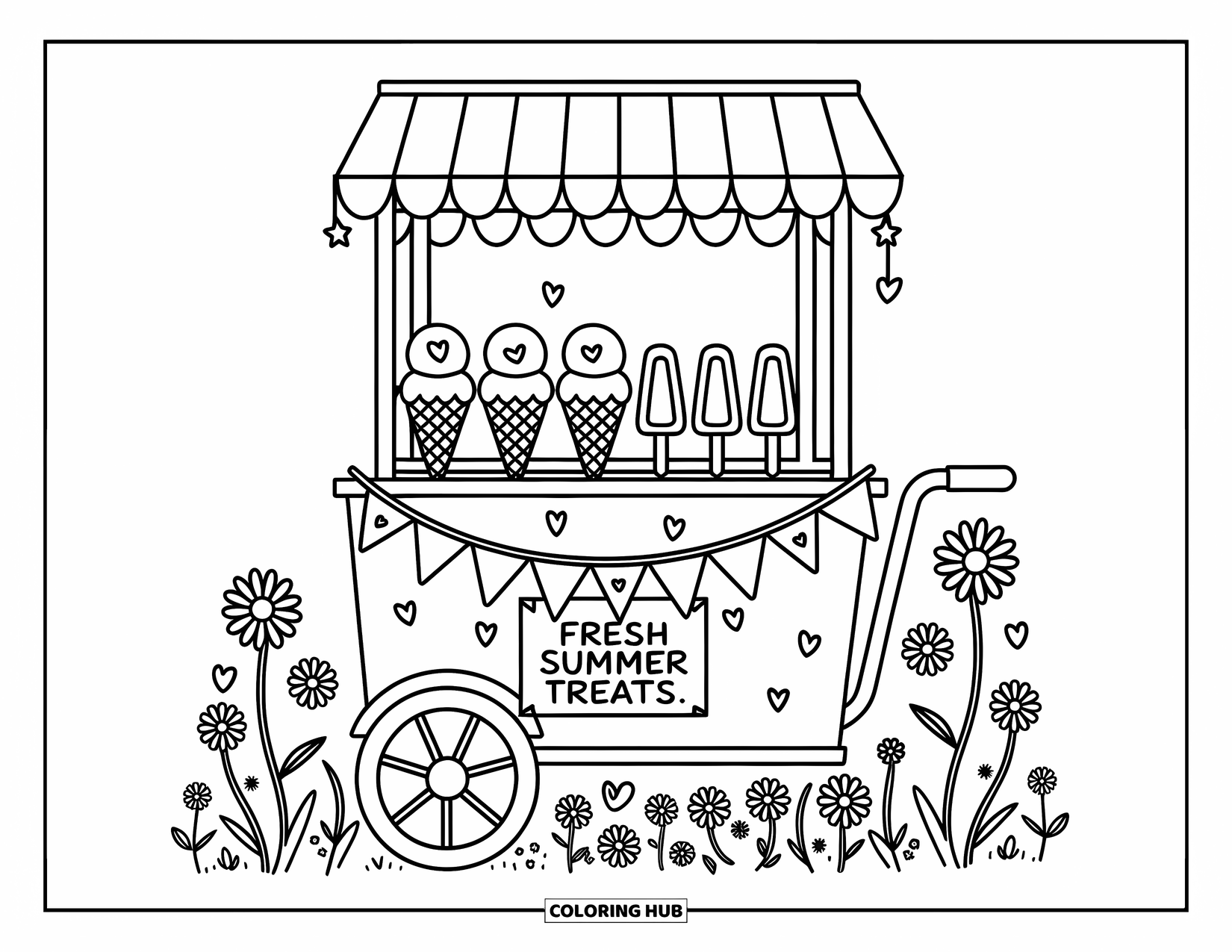 Zomer Kleurplaat voor Volwassenen: Een schattig karretje met ijsjes en een bord met de tekst "Verse Zomerse Traktaties"