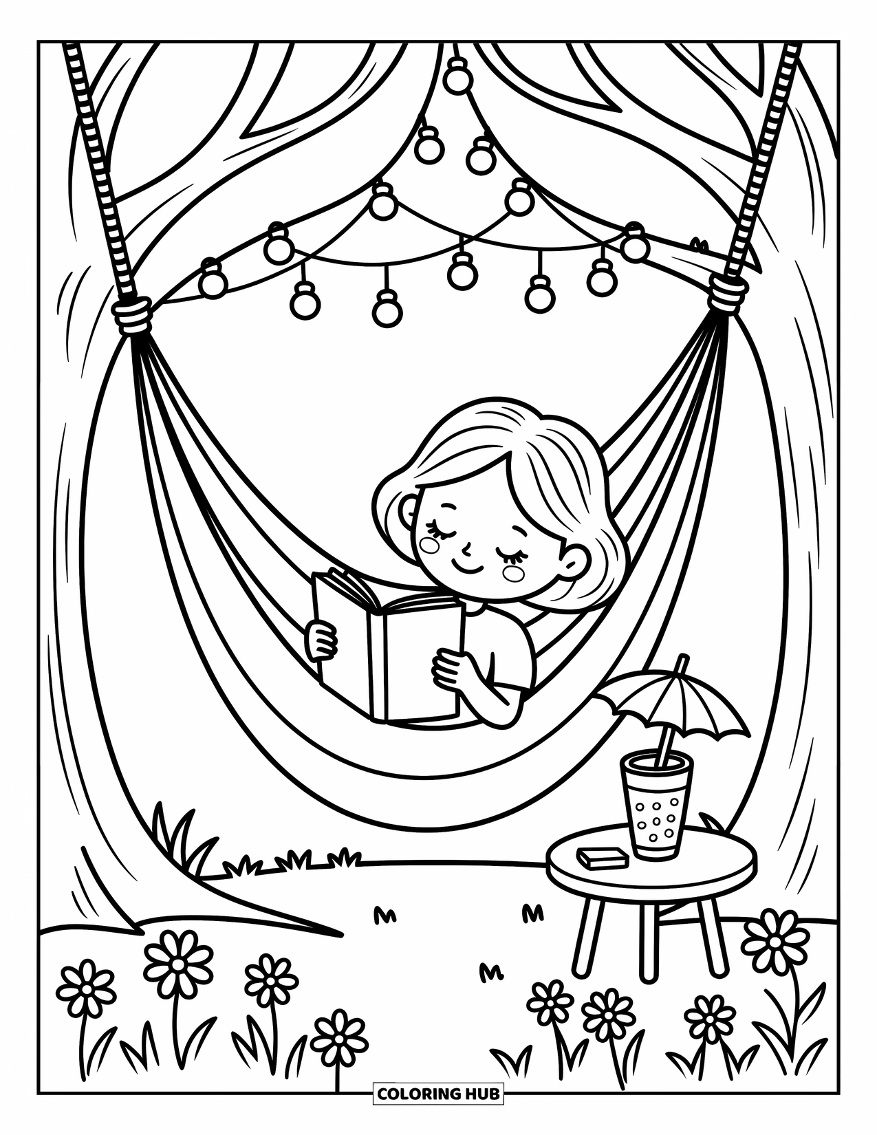Zomer Kleurplaat voor Volwassenen: Een schattig meisje ontspant in een hangmat met een boek terwijl feeërieke lichtjes boven haar hoofd zwaaien