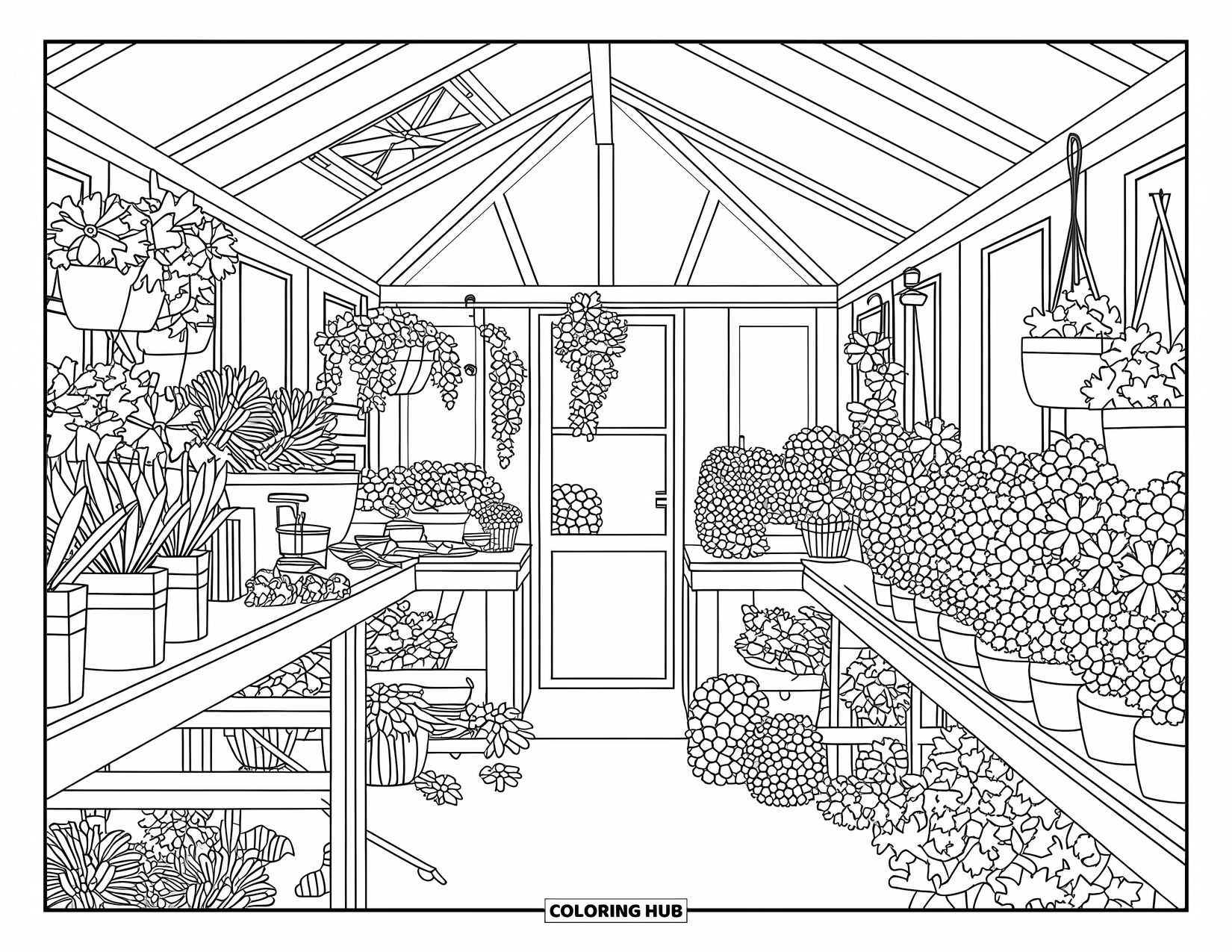Zomer Kleurplaat voor Volwassenen: Een prachtige kas gevuld met bloeiende planten, rustiek gereedschap en een gezellige sfeer